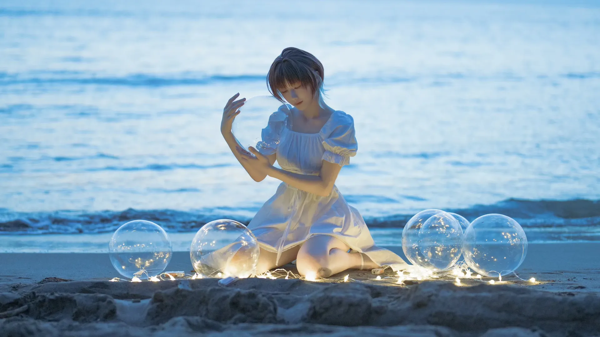 海边cosplay, 蓝调摄影, 偶像大师闪耀色彩, 浅仓透cos, 透明球道具 - 第4张
