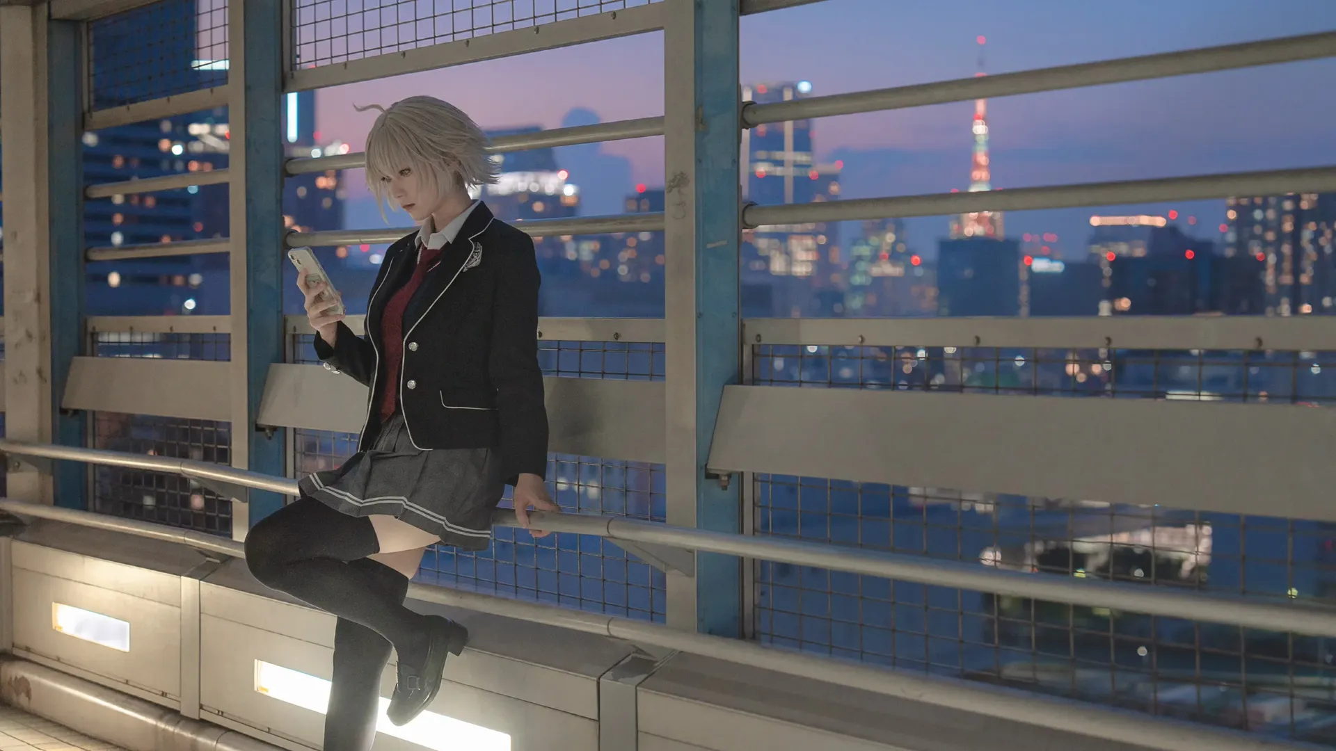 Fate/Grand Order, JK制服, cosplay摄影, 黑贞cos, 都市夜景