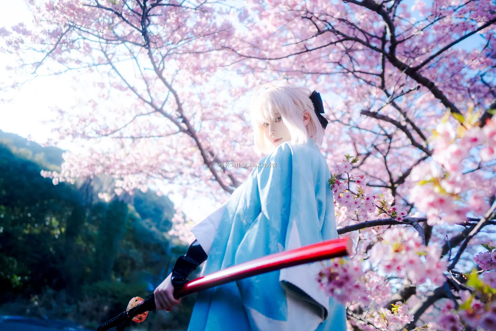 Fate/Grand Order, 二次元cosplay, 冲田总司cos, 樱花写真, 和服摄影 - 第3张
