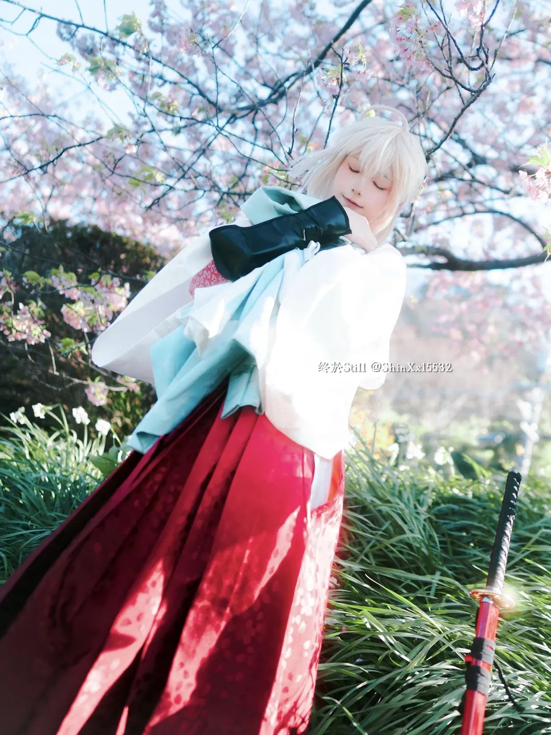 氛围感摄影, Fate/Grand Order, 冲田总司cos, 樱花外景, 羽织和服 - 第1张