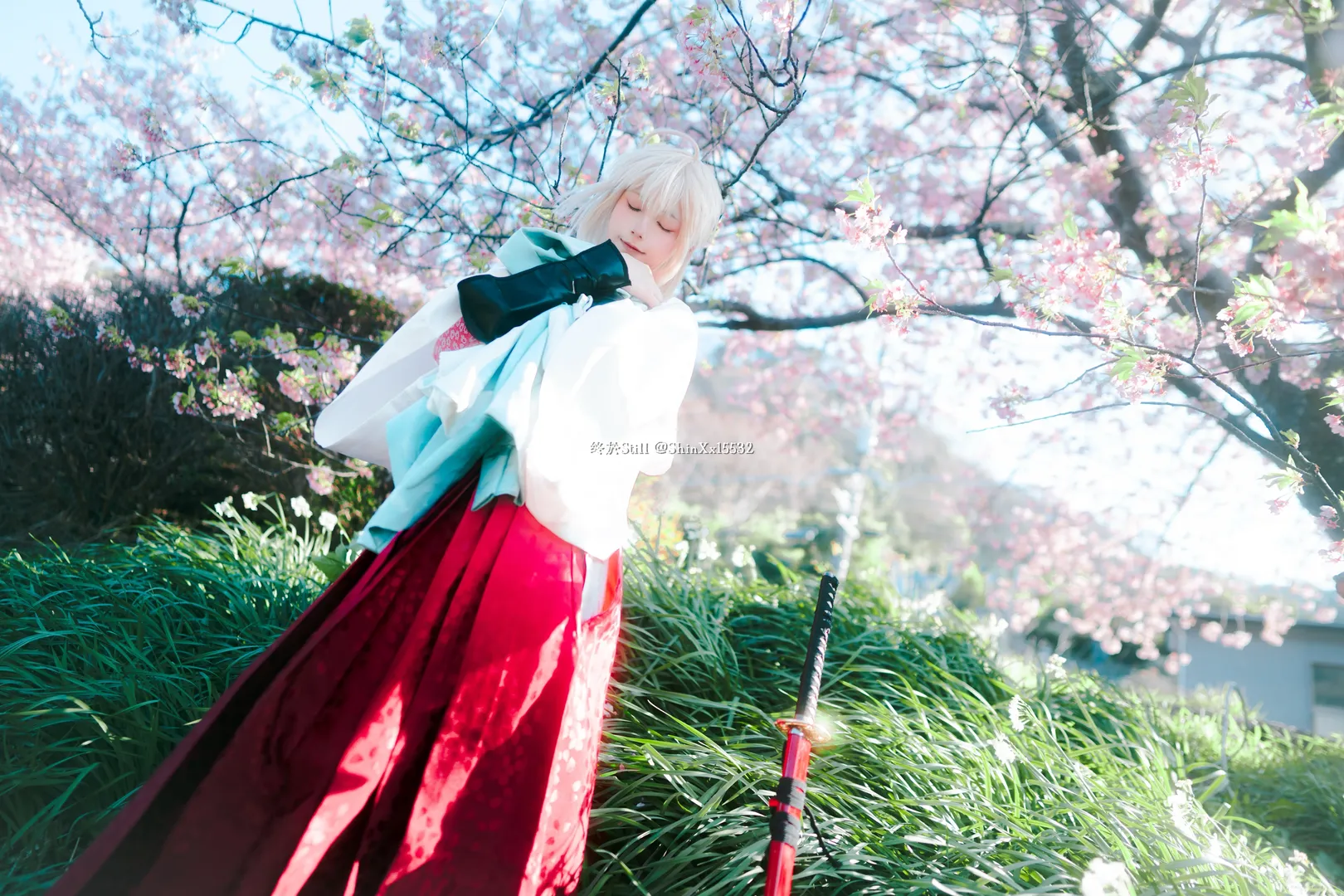 氛围感摄影, Fate/Grand Order, 冲田总司cos, 樱花外景, 羽织和服 - 第2张
