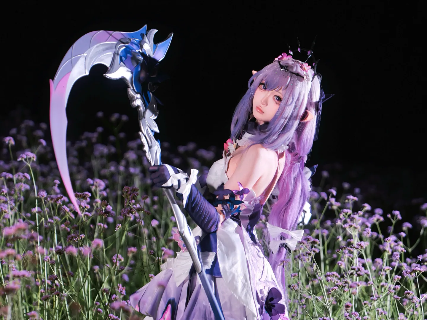 Honkai: Star Rail, Castorice cosplay, Cosplay photography, Elf cosplay, Night view of flower sea