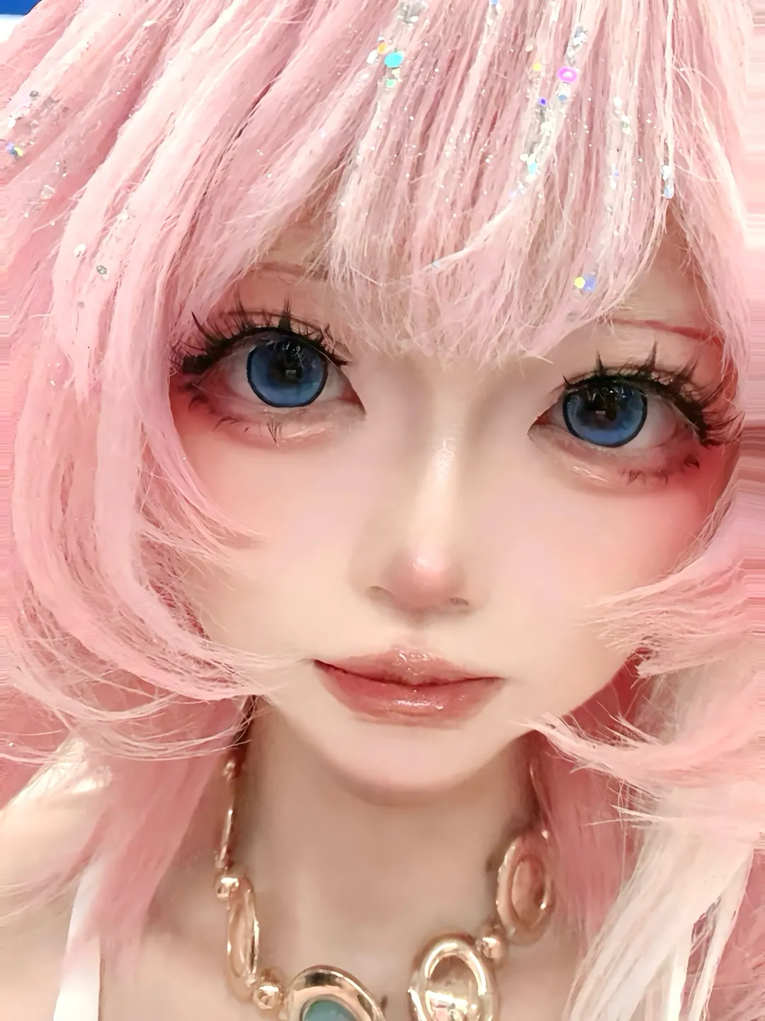 二次元Coser, 粉发蓝眼, cos妆容分享, 亮片假发, 昔涟cosplay