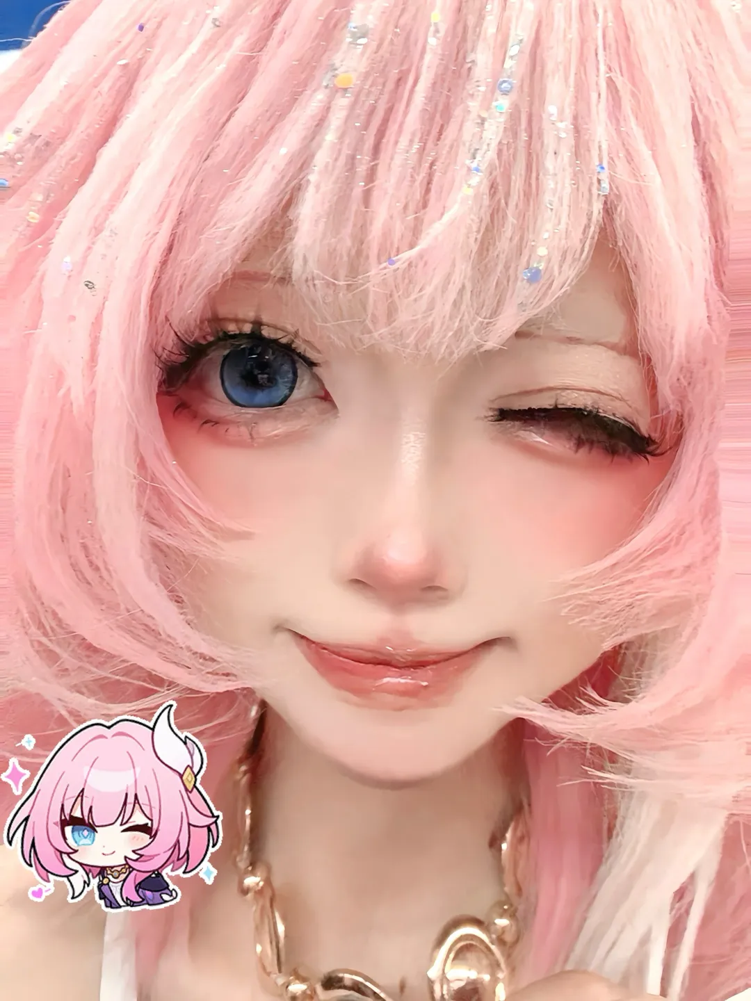 二次元Coser, 粉发蓝眼, cos妆容分享, 亮片假发, 昔涟cosplay - 第2张