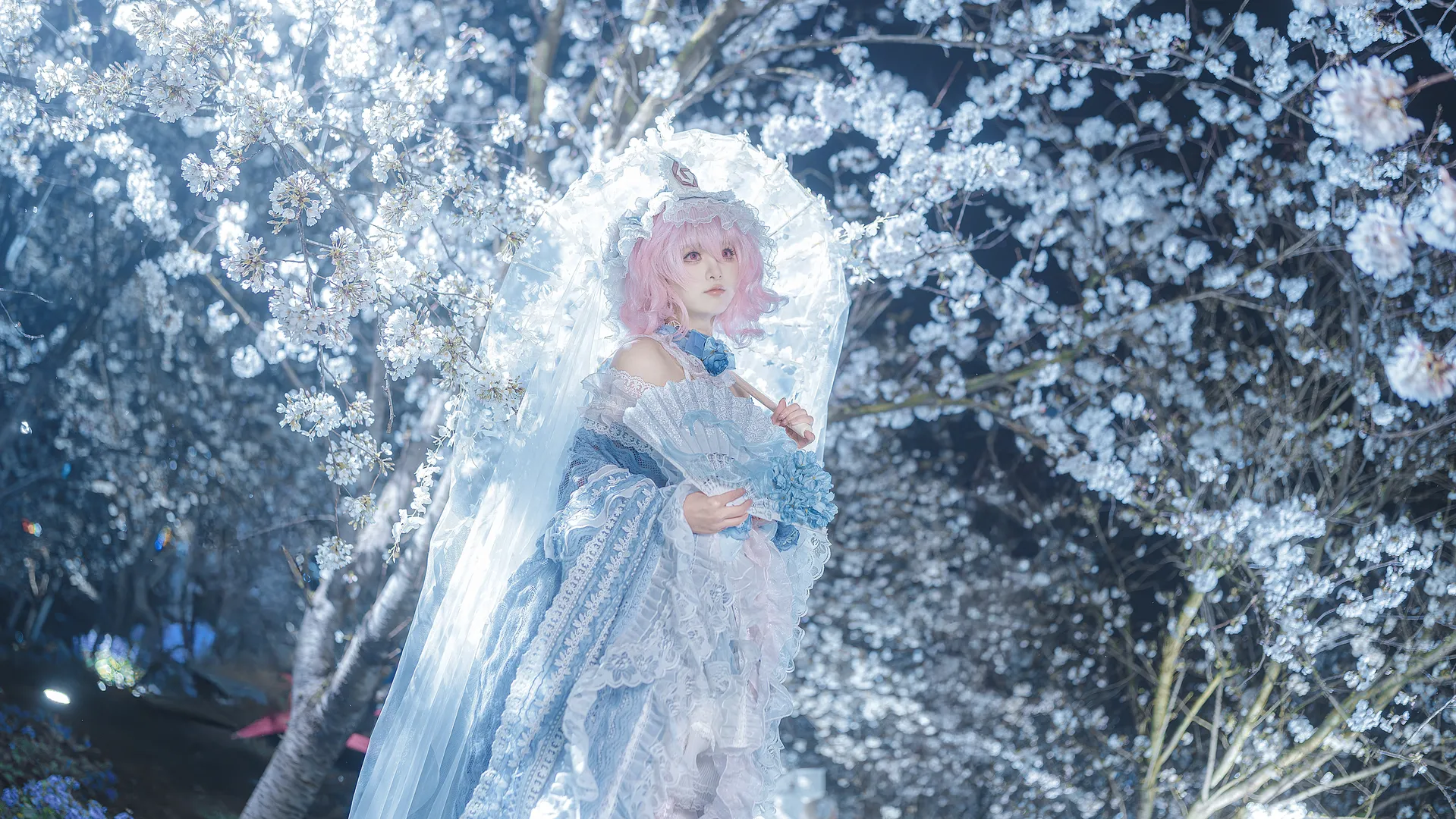 东方project, 西行寺幽幽子cos, 车万, 夜樱外景, 白蓝洛丽塔 - 第6张