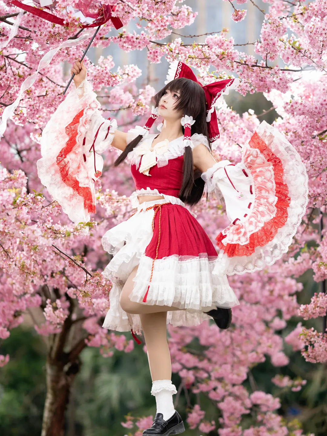 二次元摄影, 博丽灵梦cos, 东方project, 红白巫女, 樱花写真 - 第7张