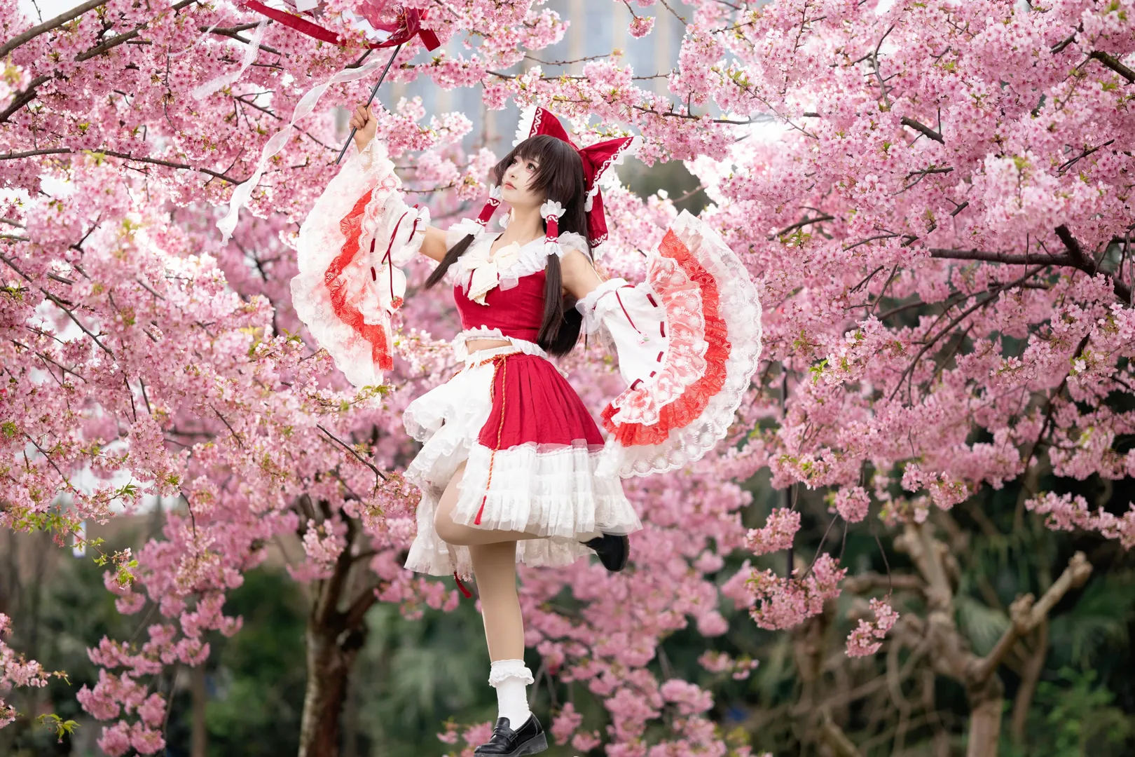 二次元摄影, 博丽灵梦cos, 东方project, 红白巫女, 樱花写真 - 第8张