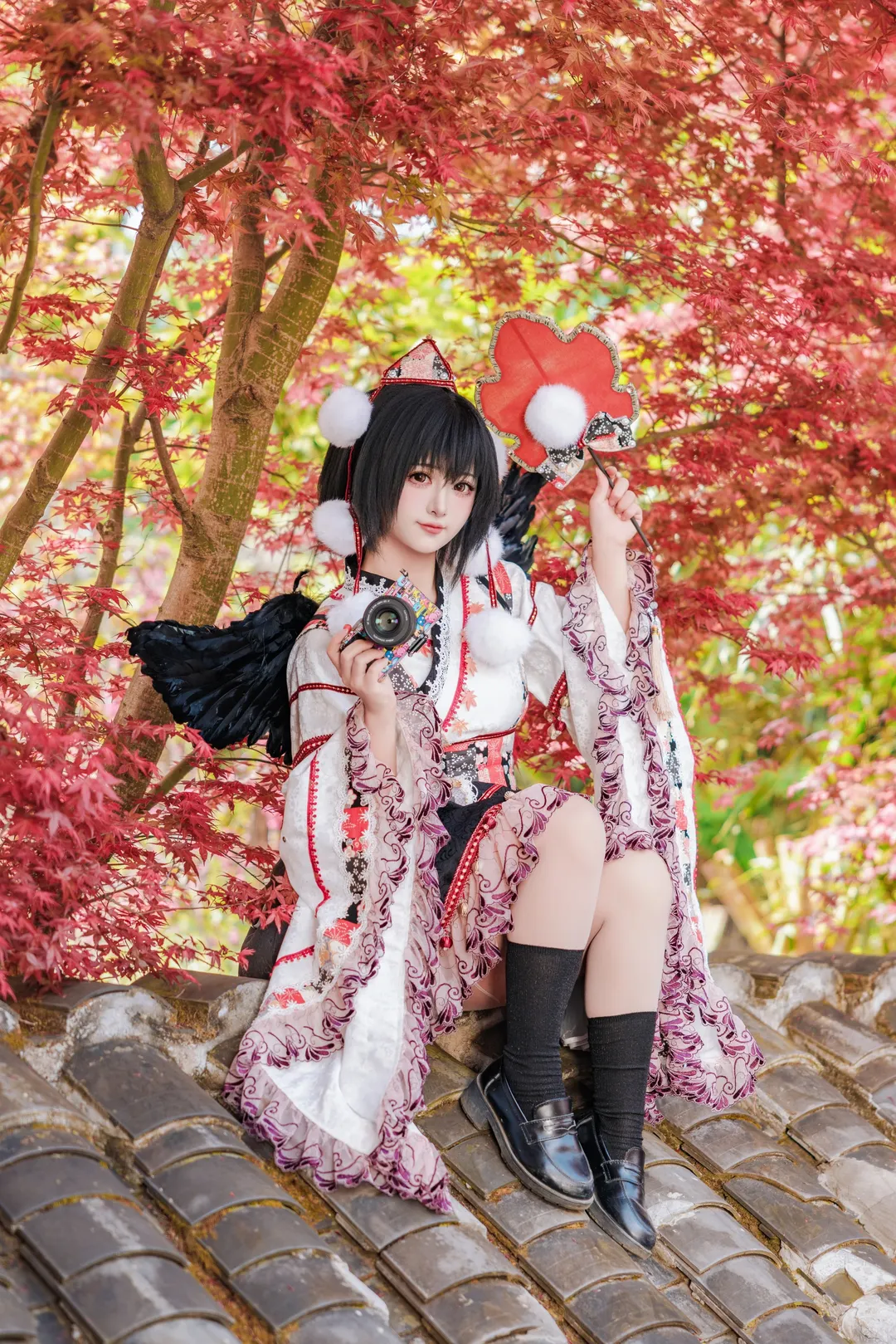 Touhou Project, Cosplay photography, Shameimaru Aya cosplay, Gensokyo Tengu, Red maple outdoor photoshoot