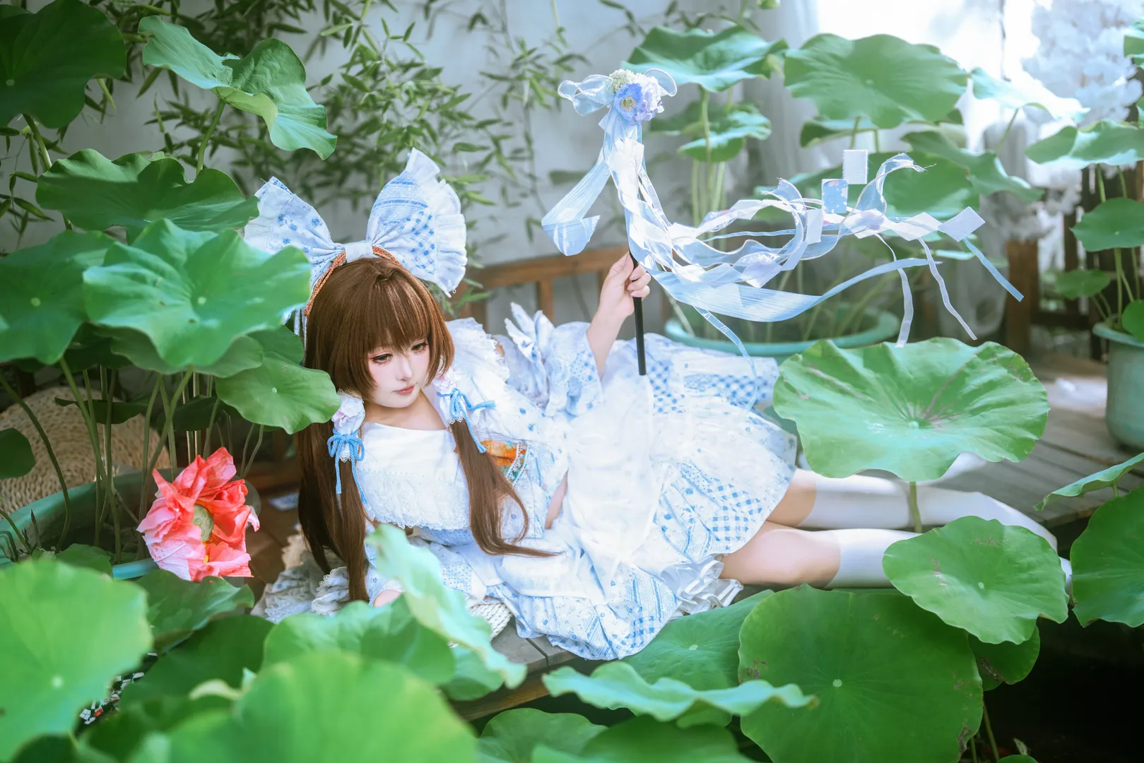 博丽灵梦cos, 东方project, 二次元cosplay, 白丝穿搭, 荷花池写真 - 第6张