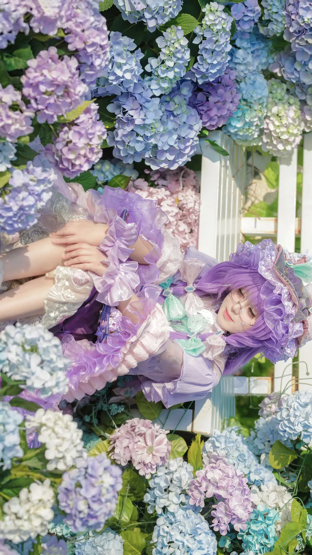 东方Project, 帕秋莉cos, 洛丽塔穿搭, 绣球花拍摄, 花园人像摄影