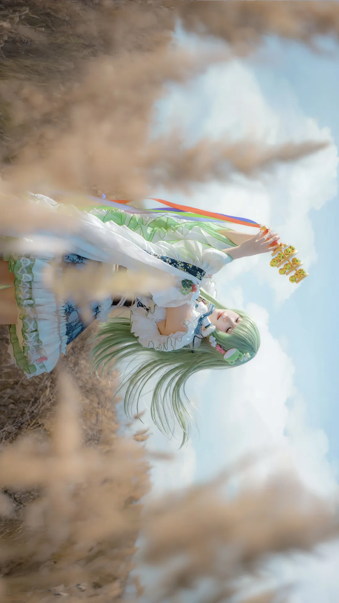 东方project, 东风谷早苗cos, cosplay摄影, 户外人像, 绿发少女