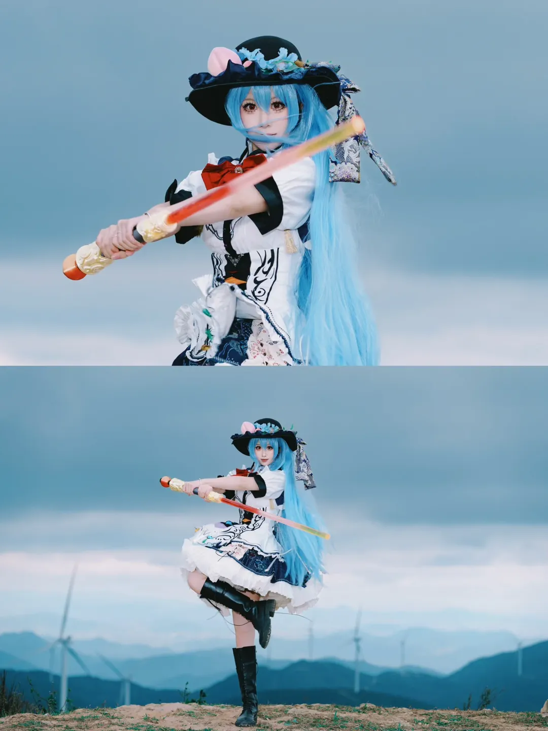 东方project, 比那名居天子cos, cosplay山顶外景, 风电场景摄影, 蓝发魔法使 - 第2张
