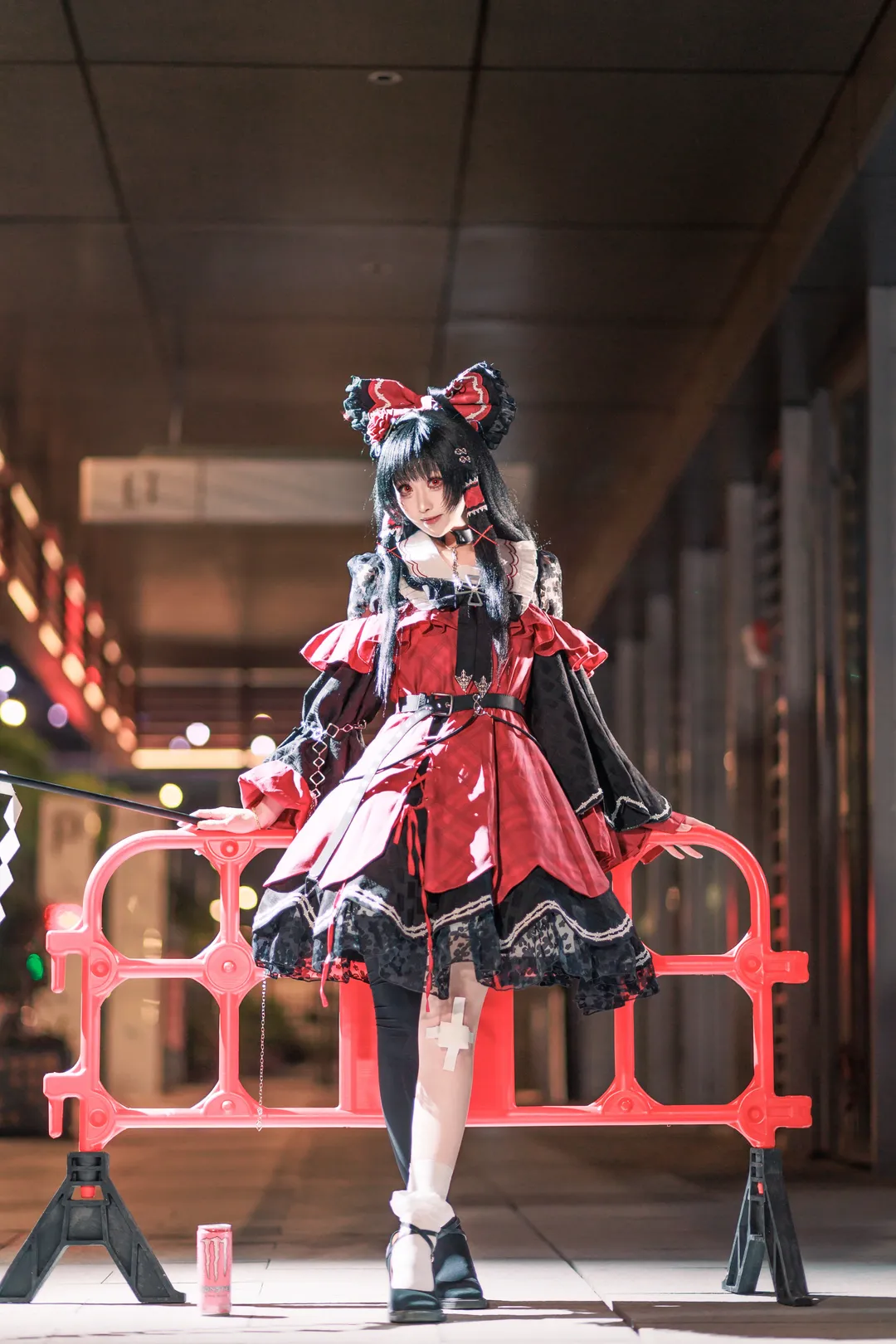 Anime-style photography, Reimu Hakurei Cosplay, Touhou Project, Night view cosplay, Gothic red and black