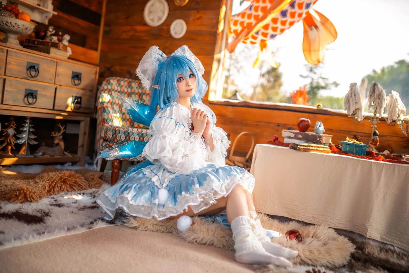 东方project, cosplay摄影, 琪露诺cos, 动漫角色扮演, 木屋写真