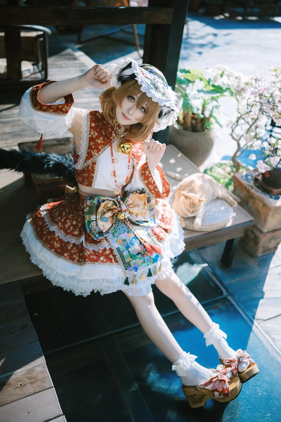 東方Project, 庭撮影, 八雲橙コスプレ, ロリータファッション, 茶トラ猫との触れ合い