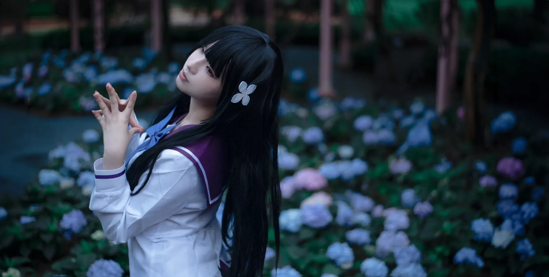 散華禮彌cos, cosplay攝影, 散華禮彌, 繡球花寫真, 雨傘氛圍感
