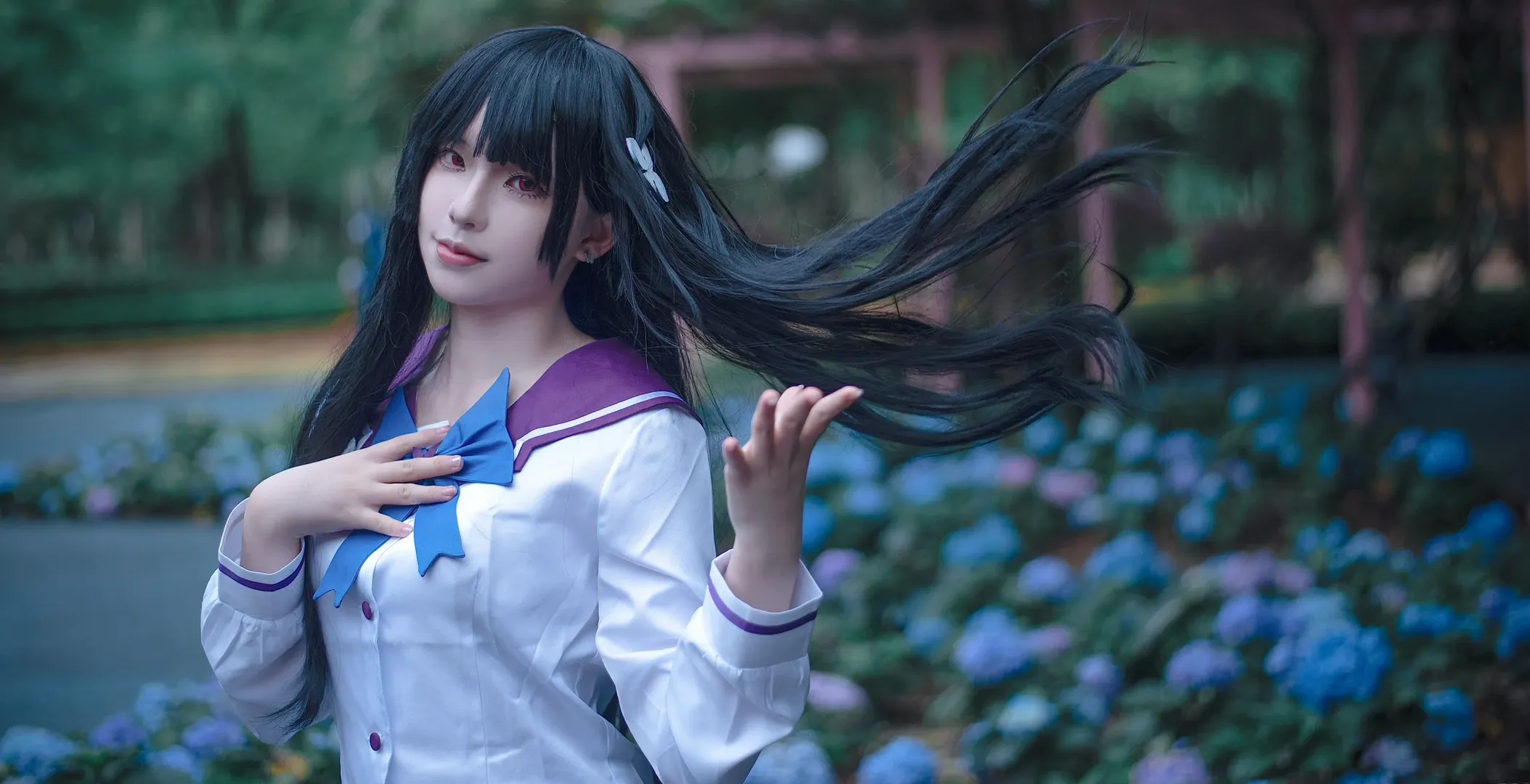 散华礼弥cos, cosplay摄影, 散华礼弥, 绣球花写真, 雨伞氛围感 - 第6张