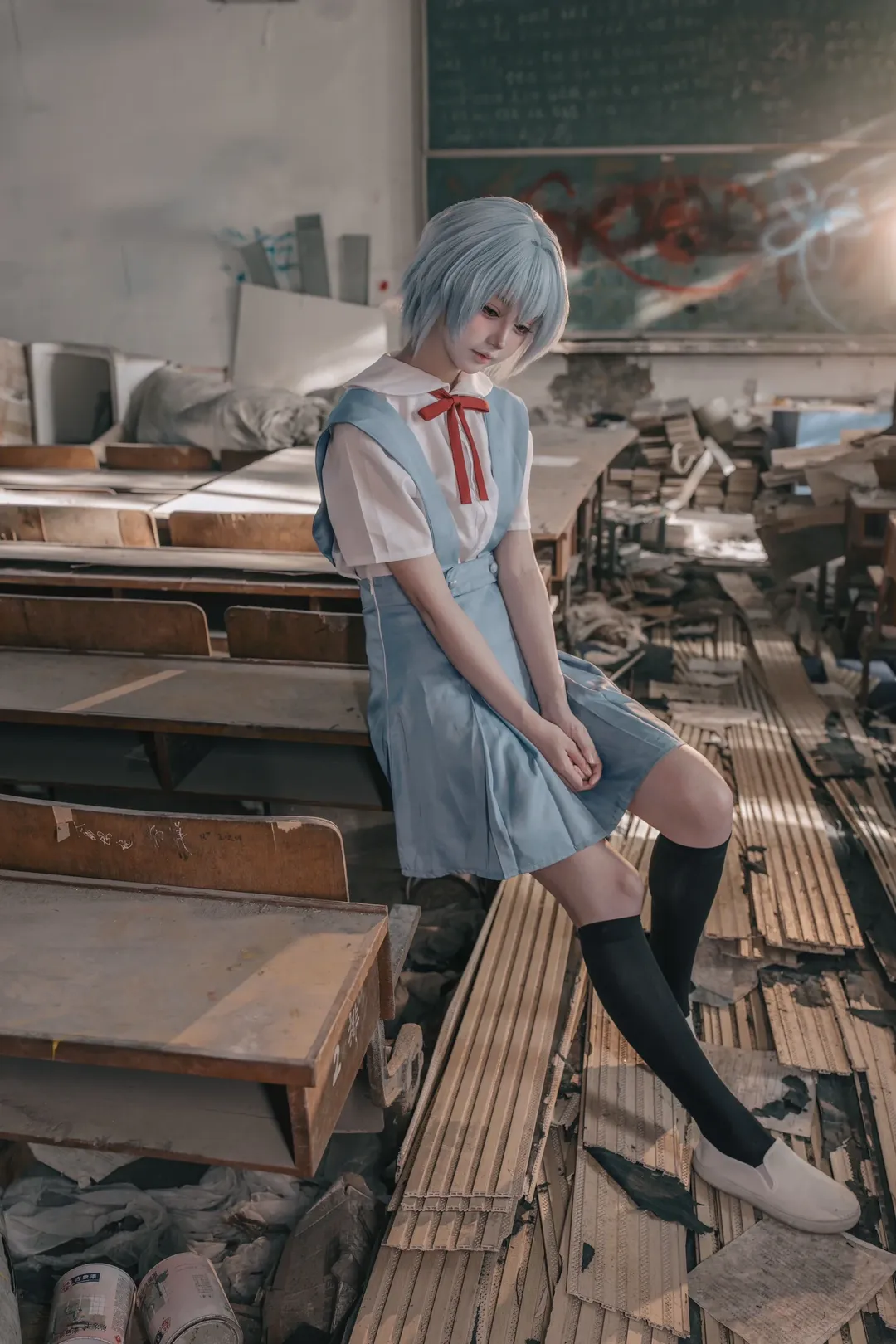 Anime-style photography, Rei Ayanami cosplay, Neon Genesis Evangelion, Ruins portrait photography, Wasteland style outdoor shoot - Image 1