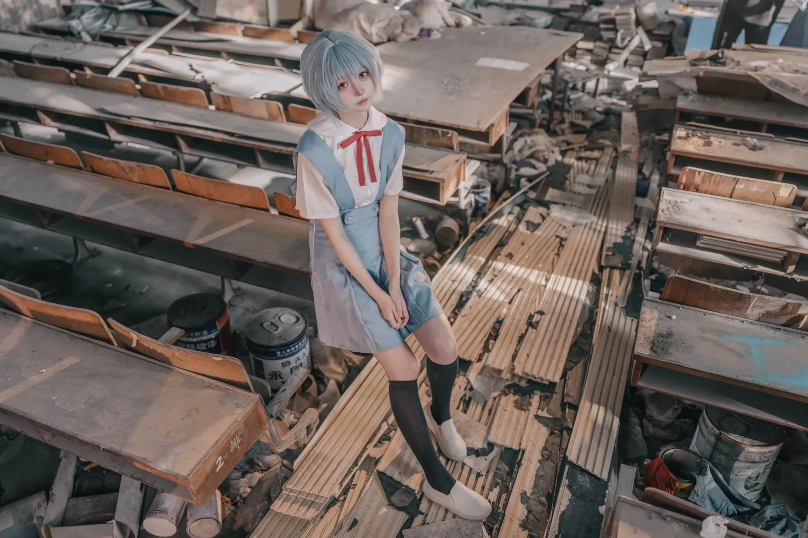 二次元撮影, 綾波レイコスプレ, 新世紀エヴァンゲリオン, 廃墟ポートレート撮影, 荒廃風屋外撮影