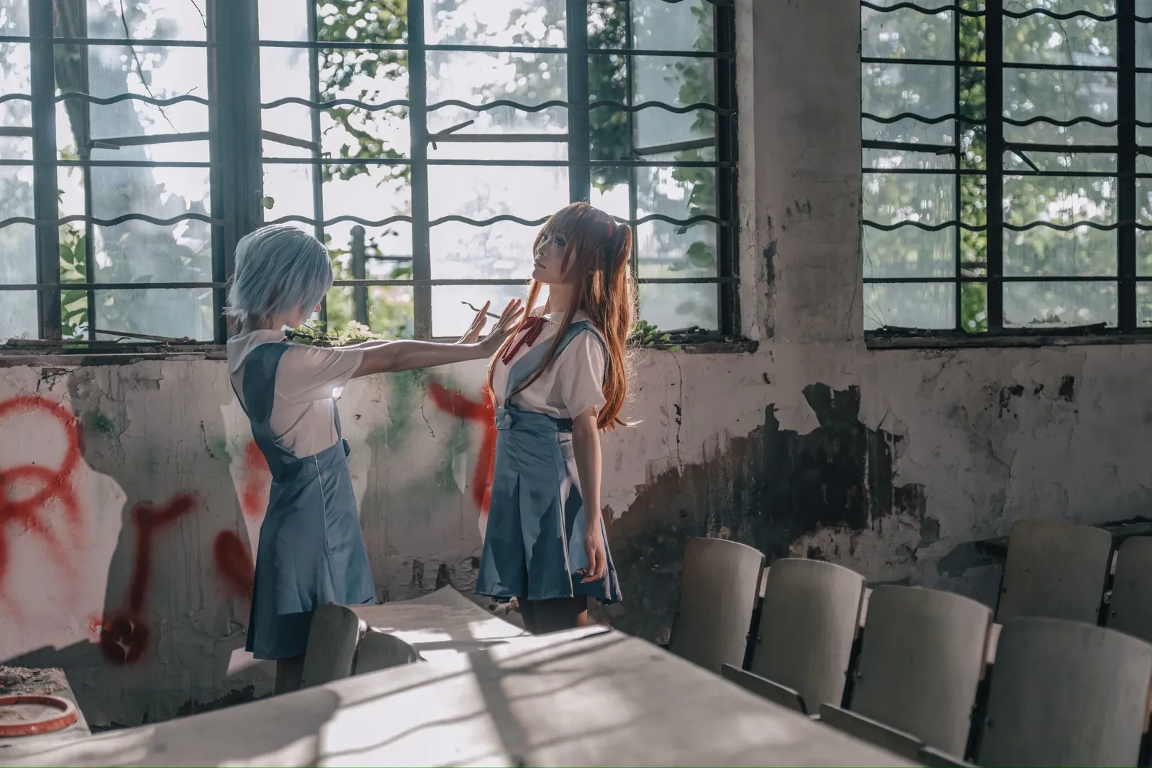 綾波レイコスプレ, アスカコスプレ, 新世紀エヴァンゲリオン, 廃教室撮影, 廃墟風コスプレ
