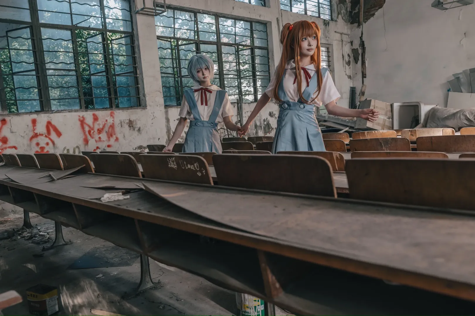 绫波丽cos, 明日香cos, 新世纪福音战士, 废弃教室摄影, 废墟风cosplay - 第6张