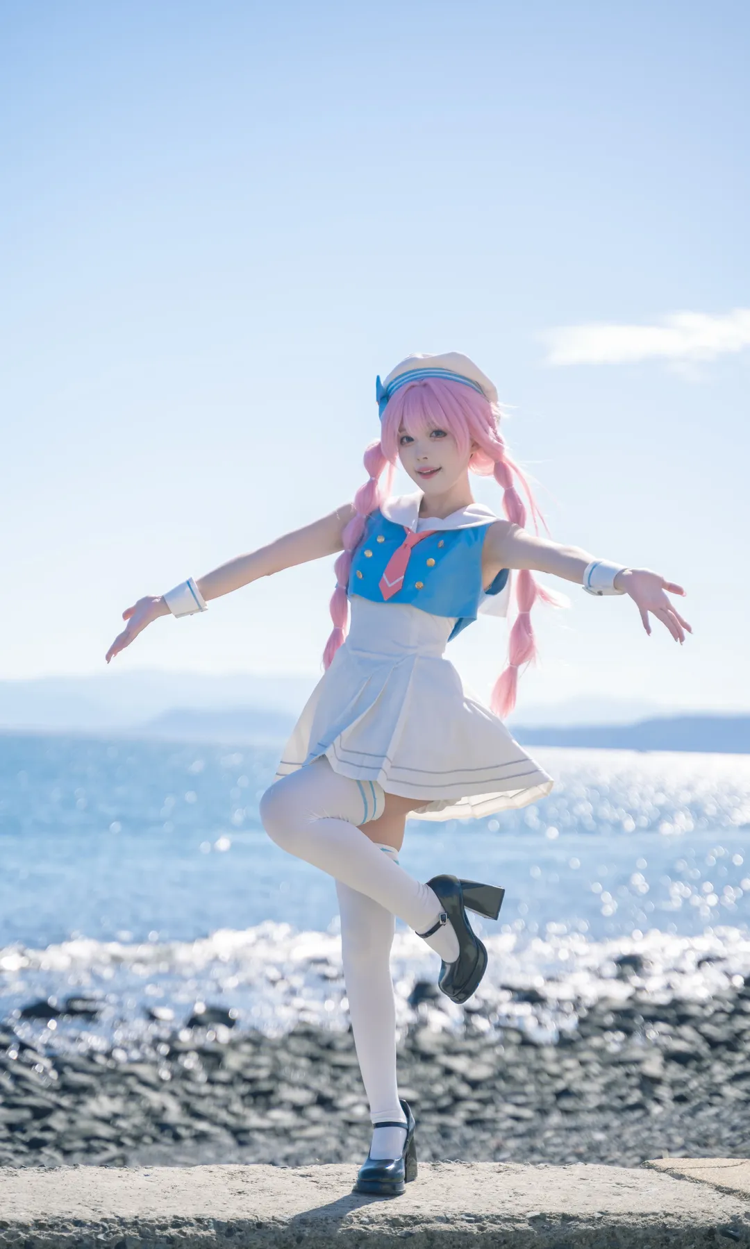 BanG Dream! It's MyGO!!!!!, Chihaya Anon cosplay, 2D anime girl photography, White stockings sailor uniform, Seaside location photoshoot