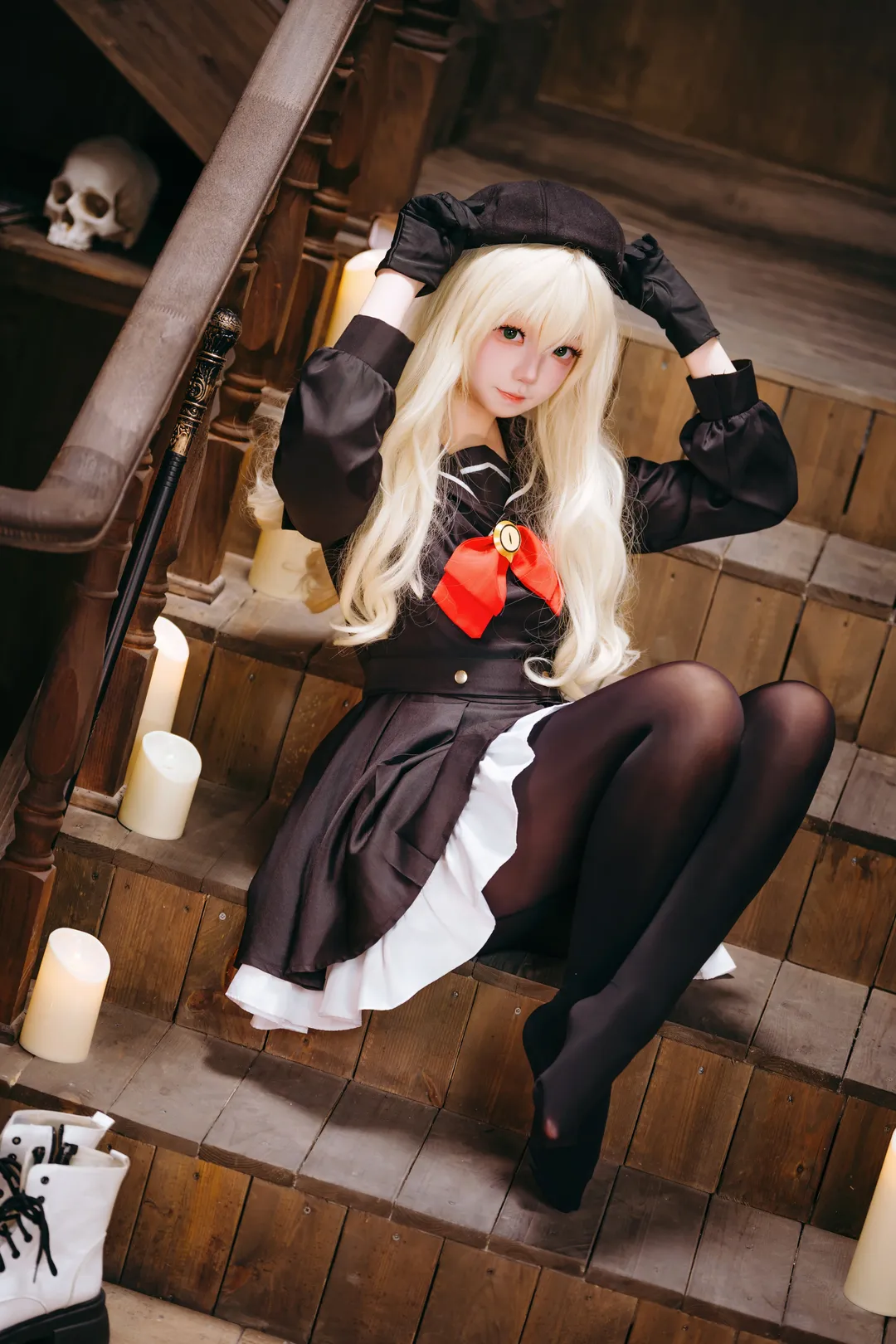 二次元摄影, 蔚蓝档案, 笑面教授cos, cosplay金发, 黑丝贝雷帽 - 第3张