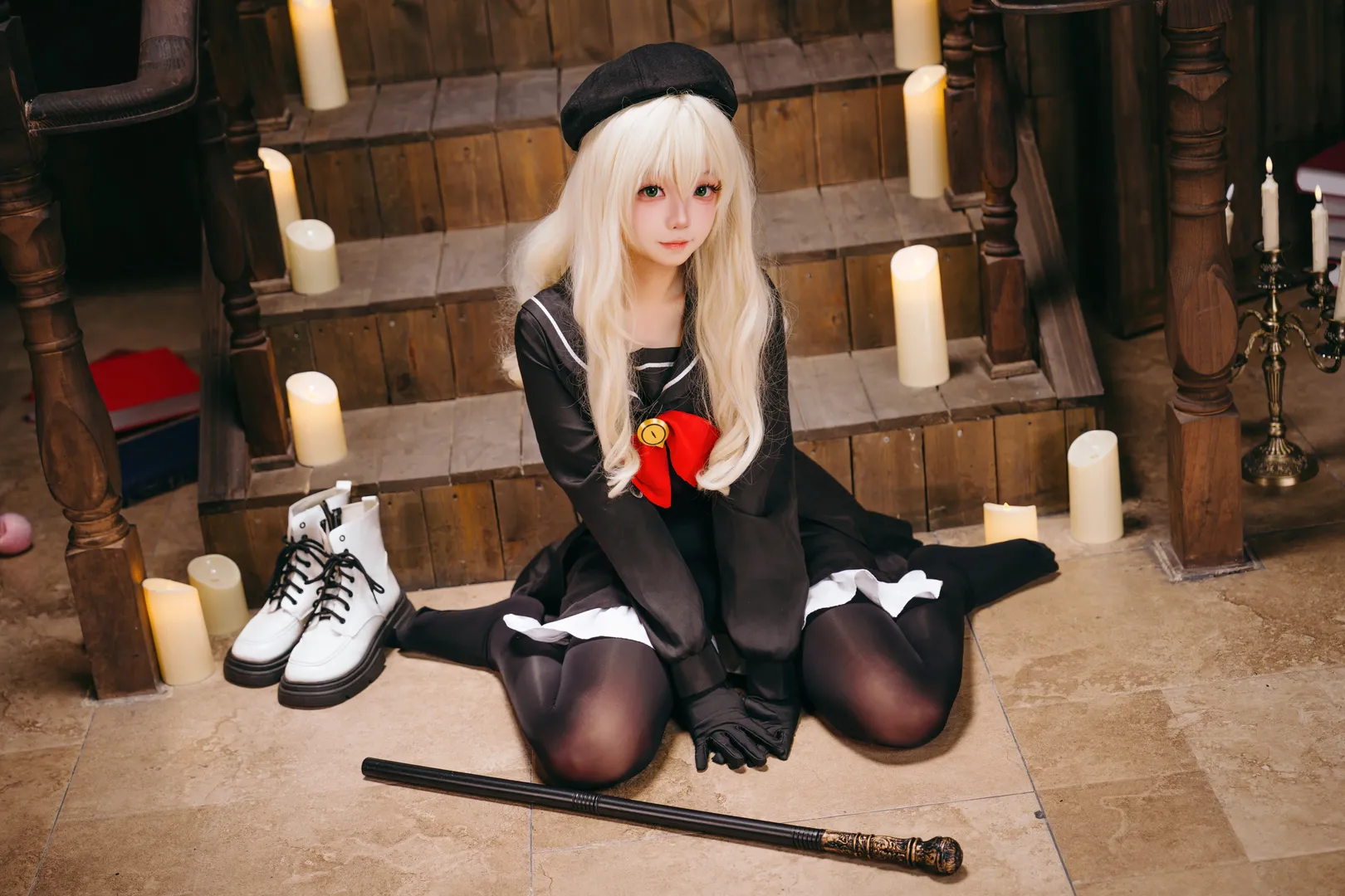 二次元摄影, 蔚蓝档案, 笑面教授cos, cosplay金发, 黑丝贝雷帽 - 第4张