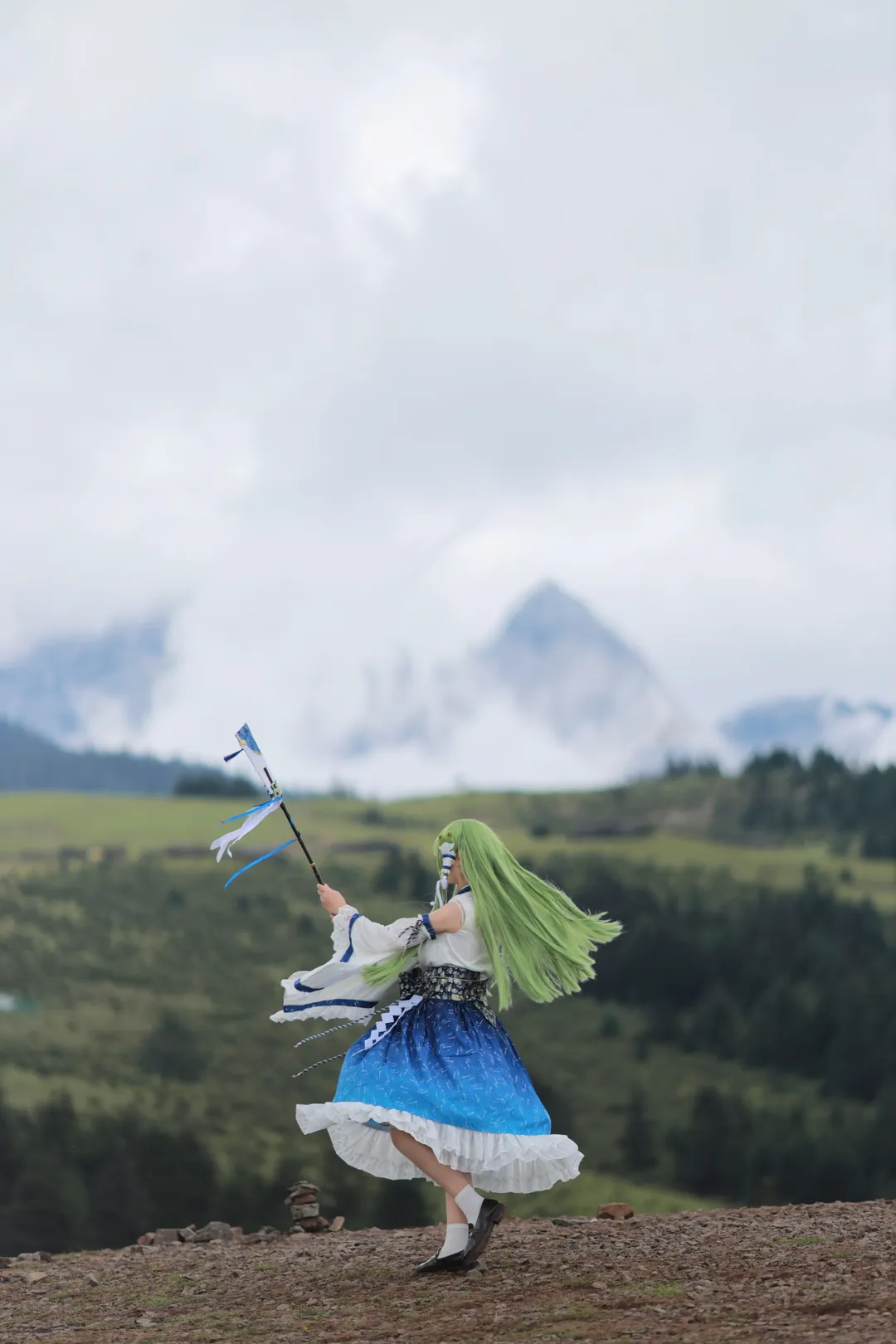 Cosplay photoshoot, Outdoor photography, Touhou Project, Kochiya Sanae Cosplay, Jade Dragon Snow Mountain