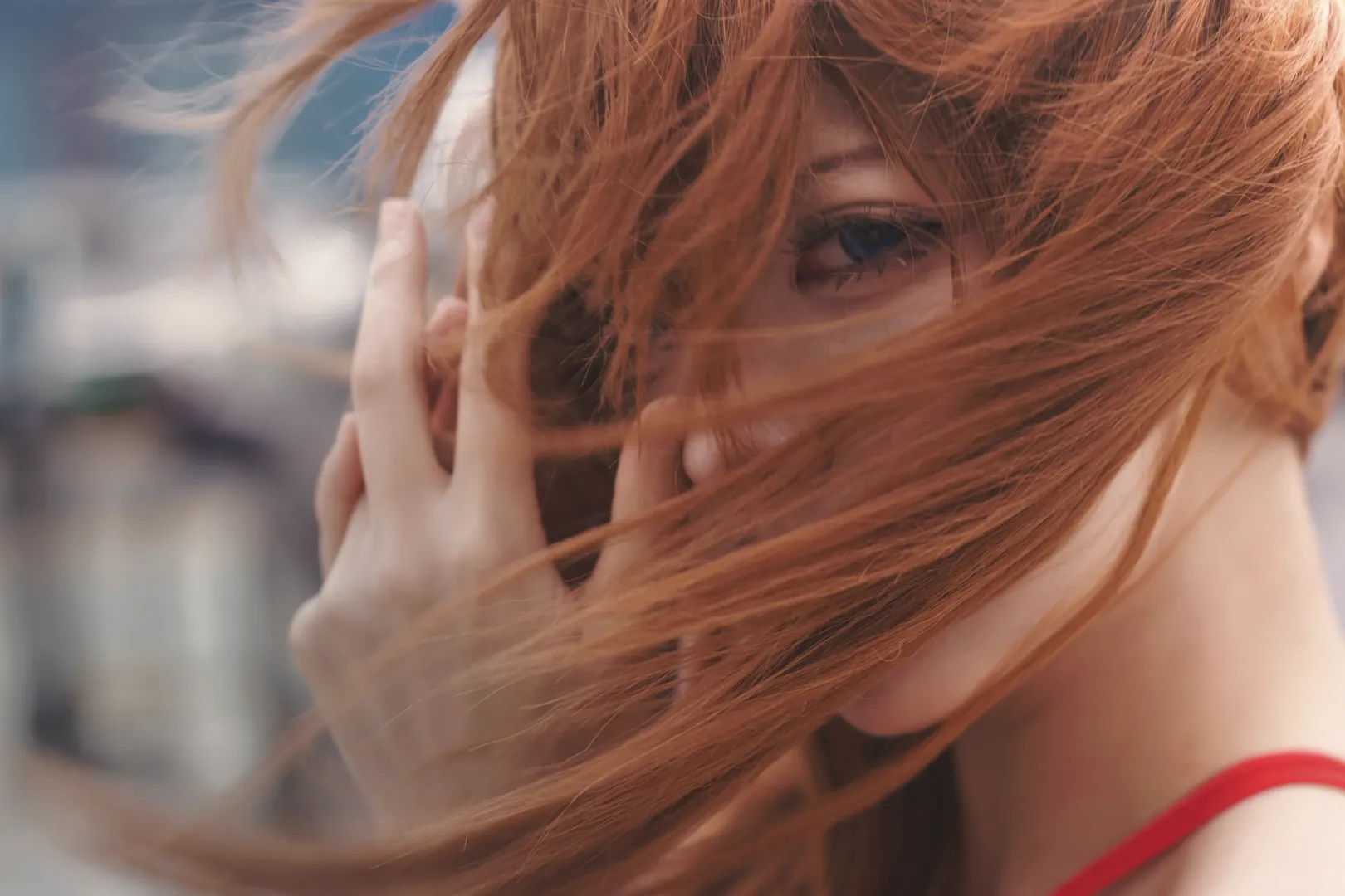 Anime-style photography, Asuka Cosplay, Neon Genesis Evangelion, EVA style, Rooftop exterior