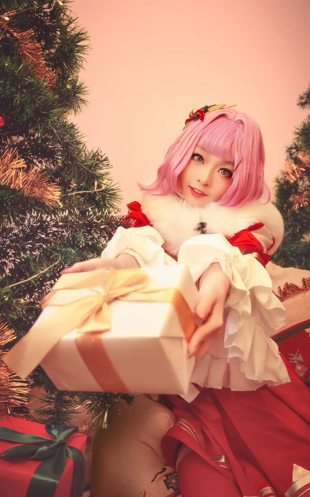 Elysia Cosplay, Honkai Impact 3rd, Christmas cosplay, Studio photoshoot share, Pink short hair cosplay