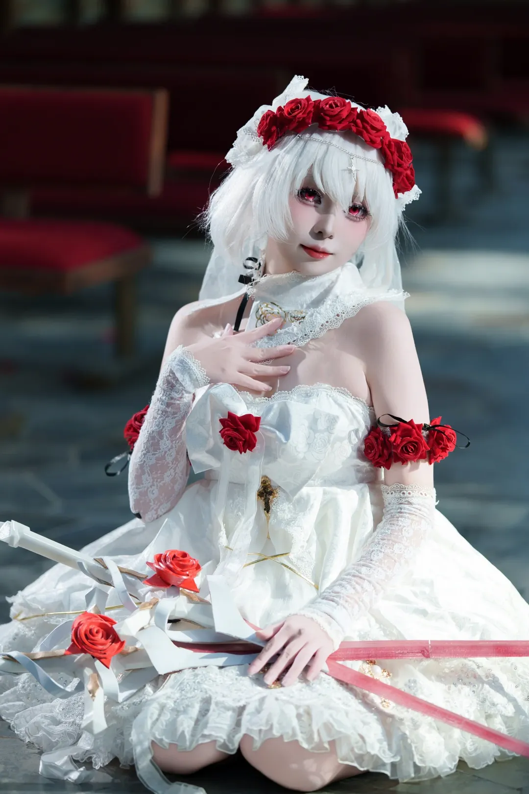 崩壊 3rd, ゴシック風, テレサコスプレ, 花嫁コスプレ, 白いベールと赤い薔薇 - 1枚目