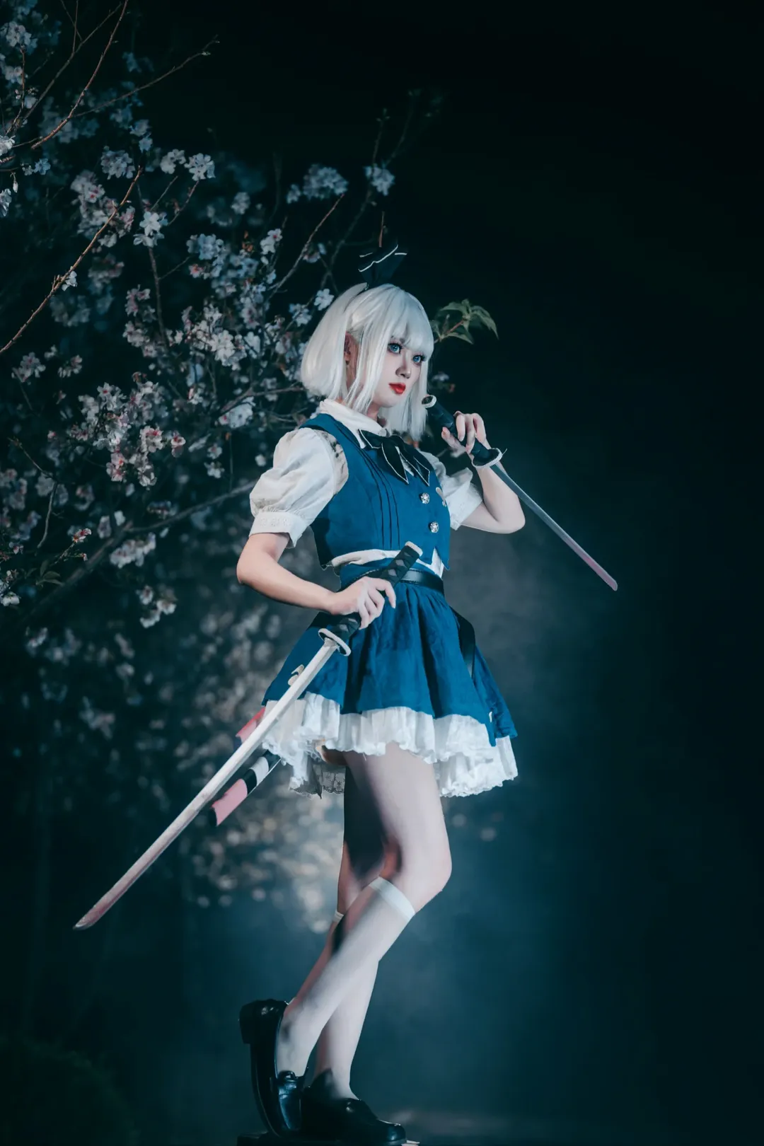 二次元cosplay, 魂魄妖梦cos, 東方project, 樱花夜景, 双刀少女