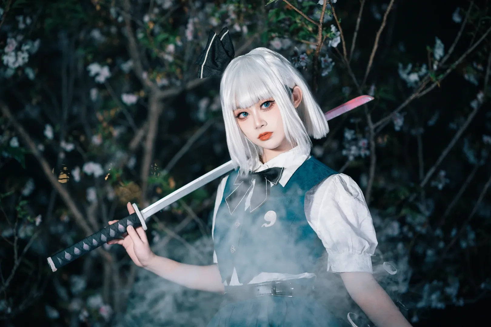 二次元cosplay, 魂魄妖梦cos, 東方project, 樱花夜景, 双刀少女 - 第7张