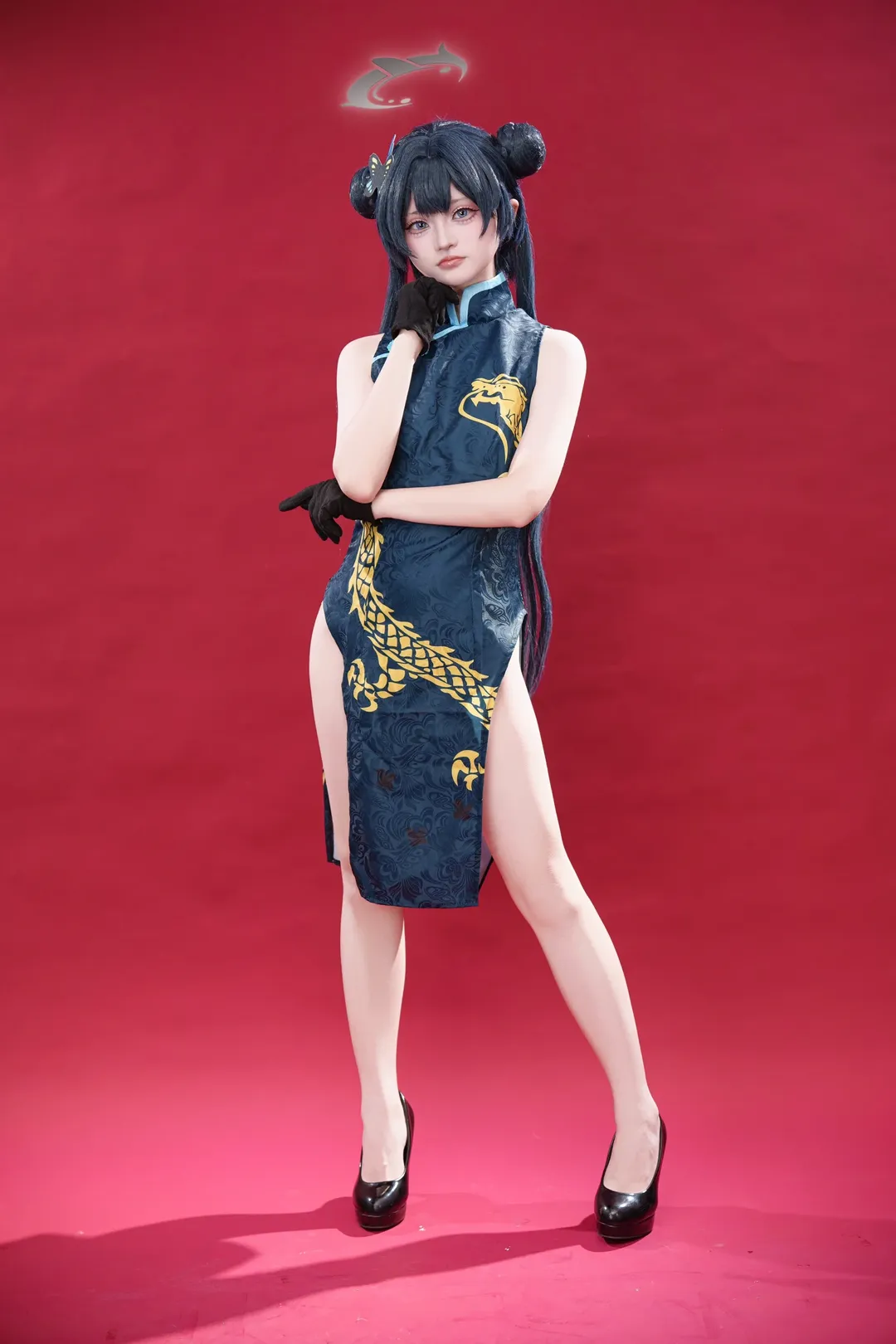 Figure texture, Blue Archive, Misaki cosplay, Cheongsam cosplay, Red background studio photoshoot - Image 3