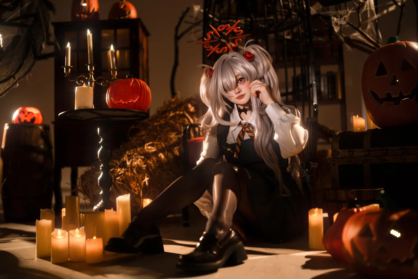 二次元攝影, 碧藍檔案, 萬聖節cosplay, 板垣鹿江cos, 黑絲雙馬尾