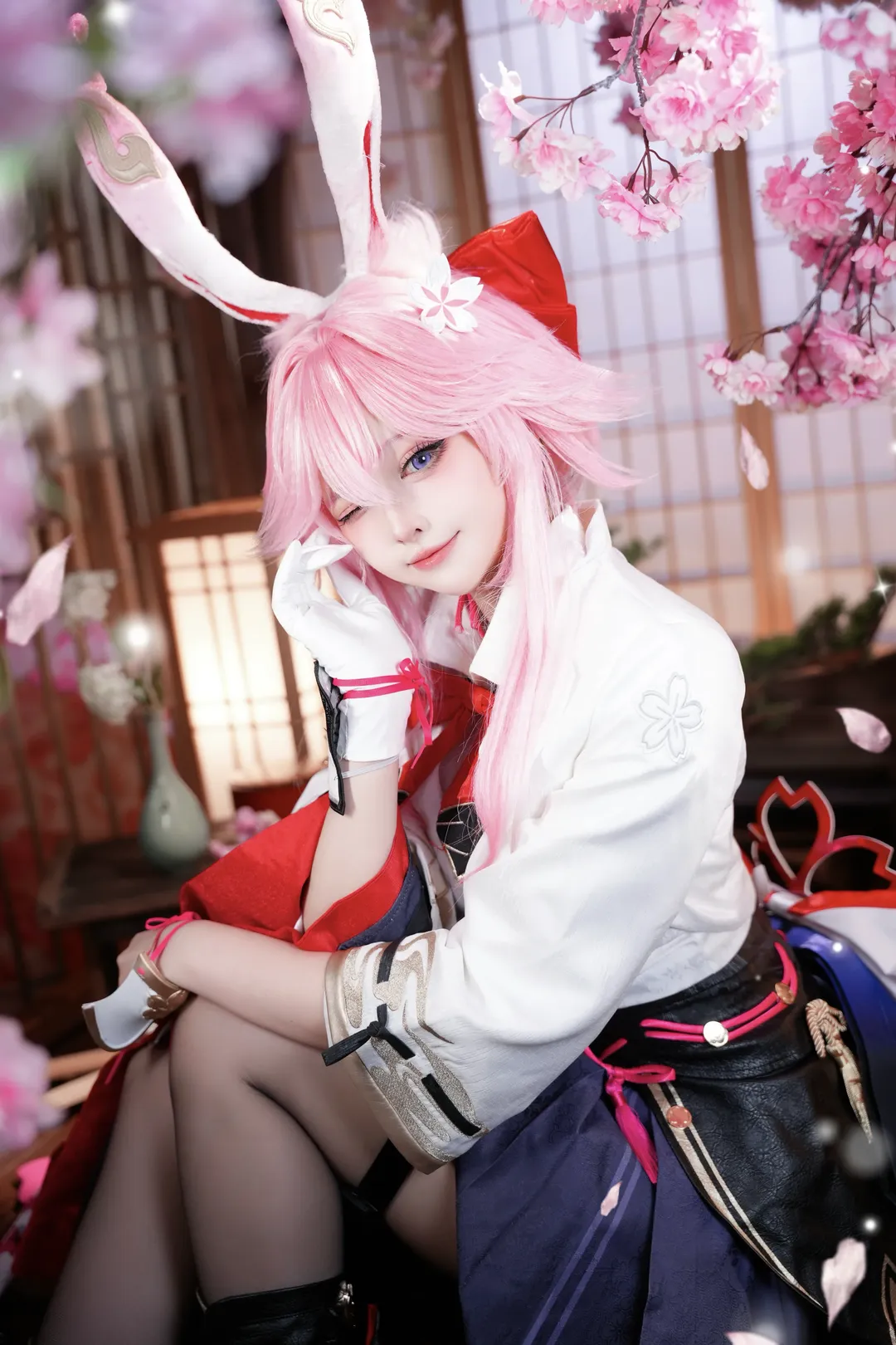 cosplay, 兔耳装扮, 和风摄影, 粉色假发, 樱花场景 - 第2张