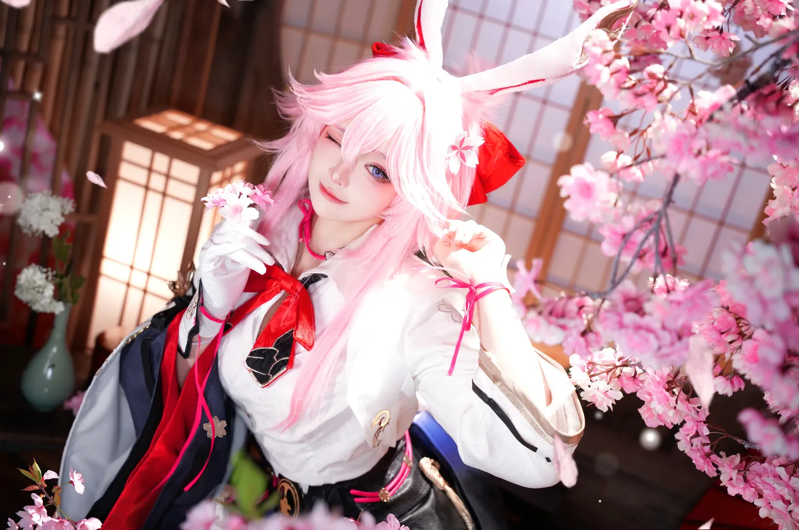 cosplay, 兔耳装扮, 和风摄影, 粉色假发, 樱花场景 - 第3张