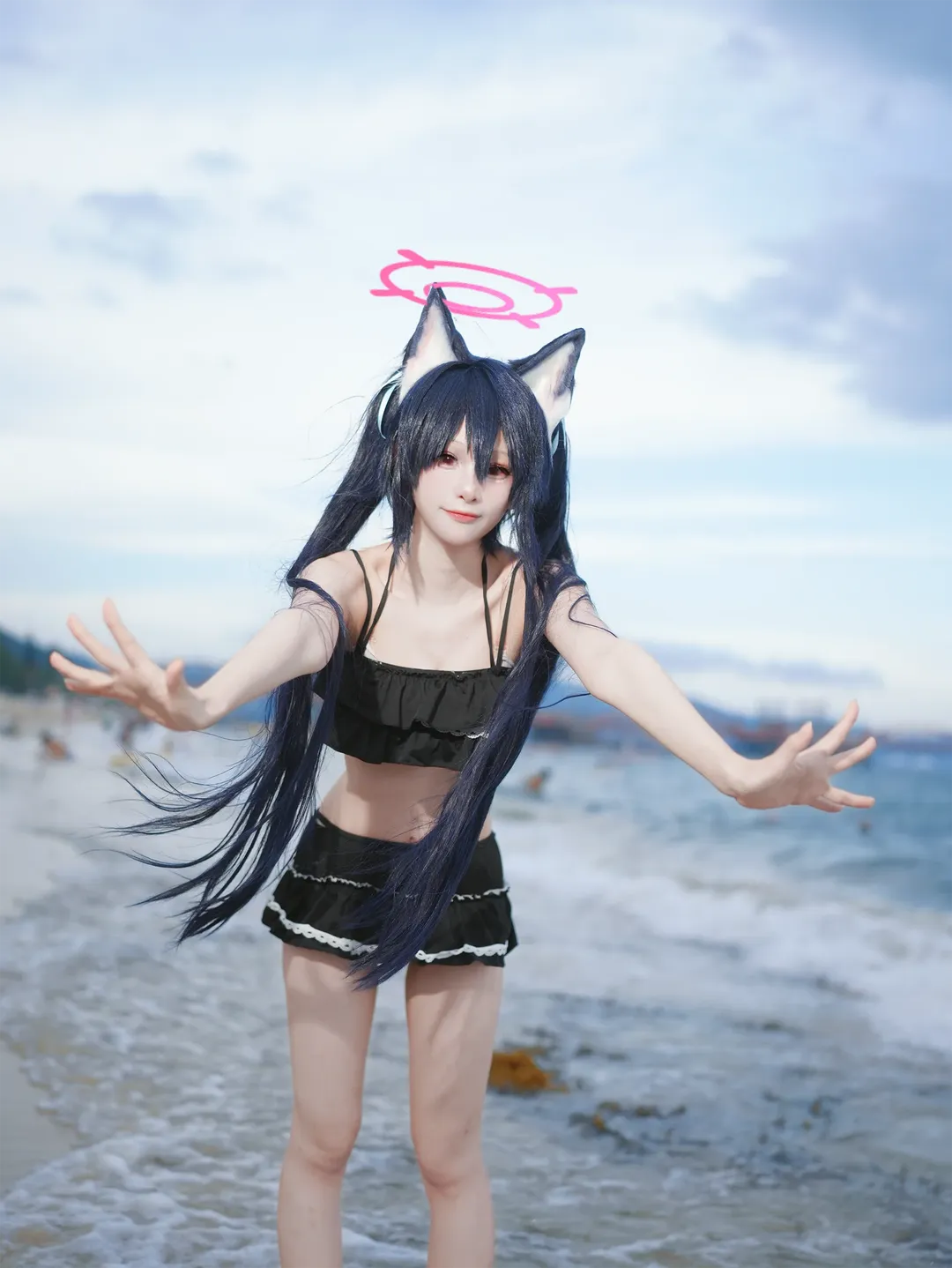 二次元少女, 蔚蓝档案, 海边摄影, 泳装cosplay, 黑见芹香cos - 第1张