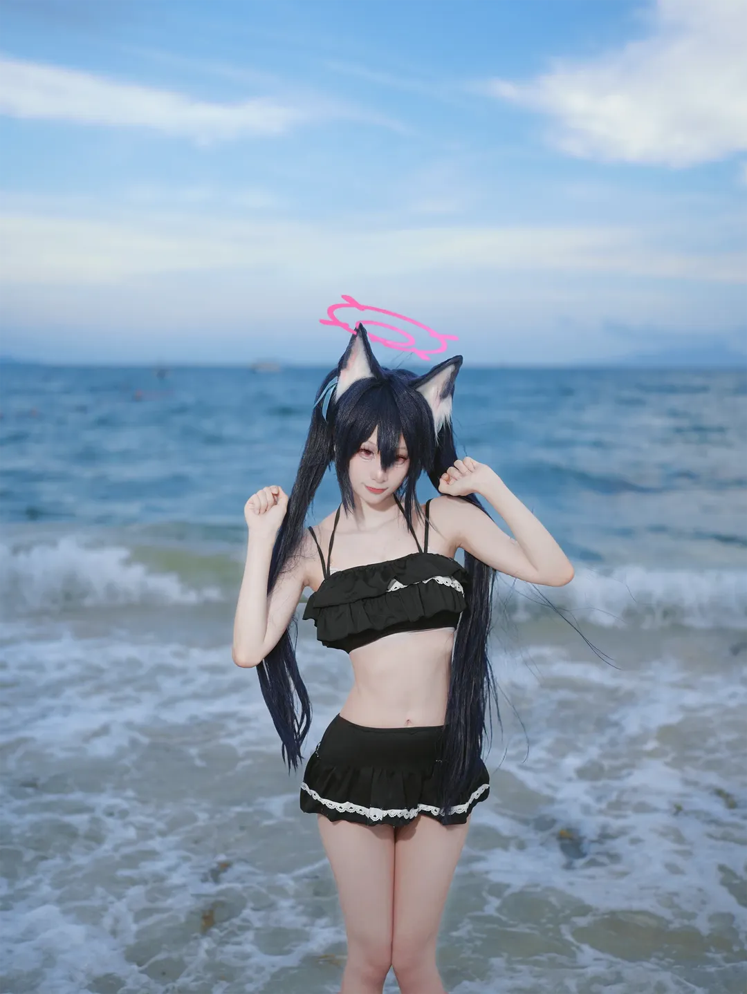 2次元少女, ブルーアーカイブ, 海辺の写真, 水着コスプレ, 黒見セリカ コスプレ