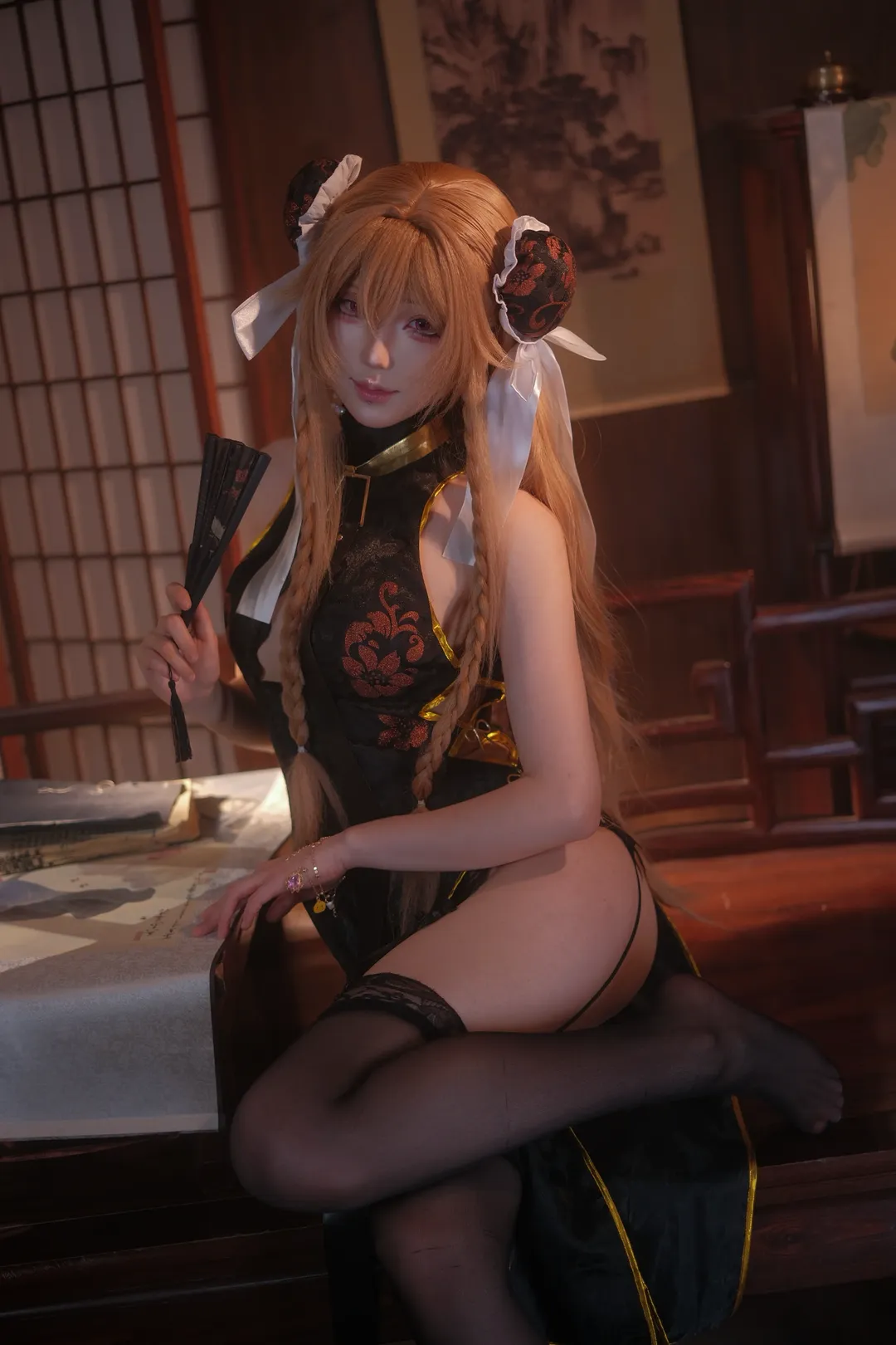 碧蓝航线, 二次元cosplay, 安克雷奇cos, 旗袍写真, 黑丝吊带