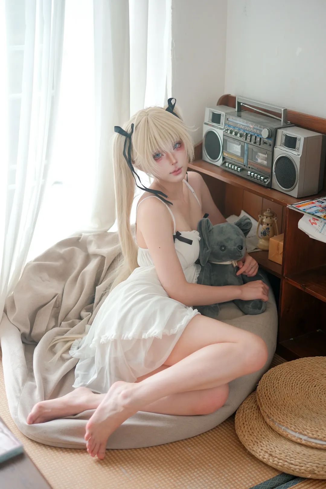 Yosuga no Sora, Caelus cosplay, White dress outfit, Lazy home style, Twin tails cosplay