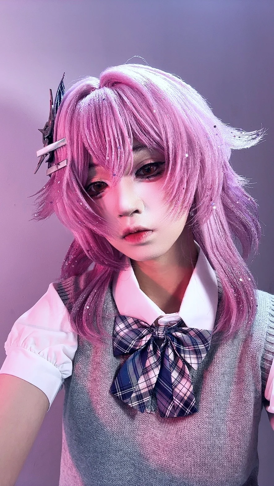 Honkai: Star Rail, Evernight cosplay, Cosplay photography, School style cosplay, Pink wig