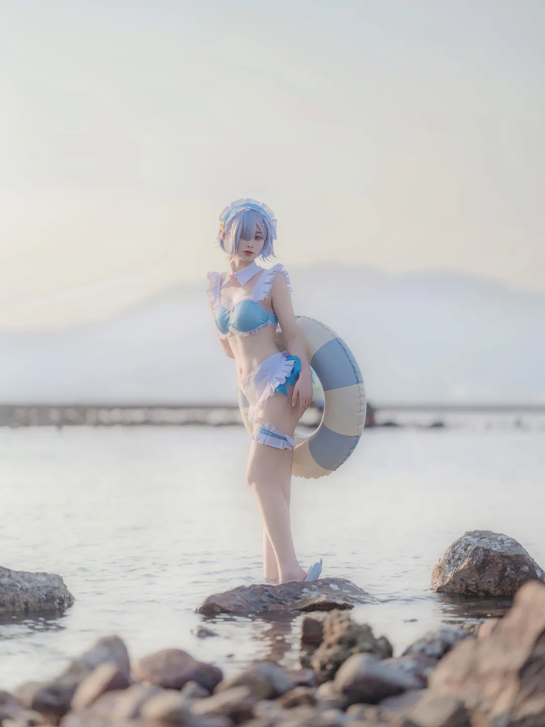 二次元撮影, 水着コスプレ, レム コスプレ, Re:ゼロから始める異世界生活, 海辺の撮影