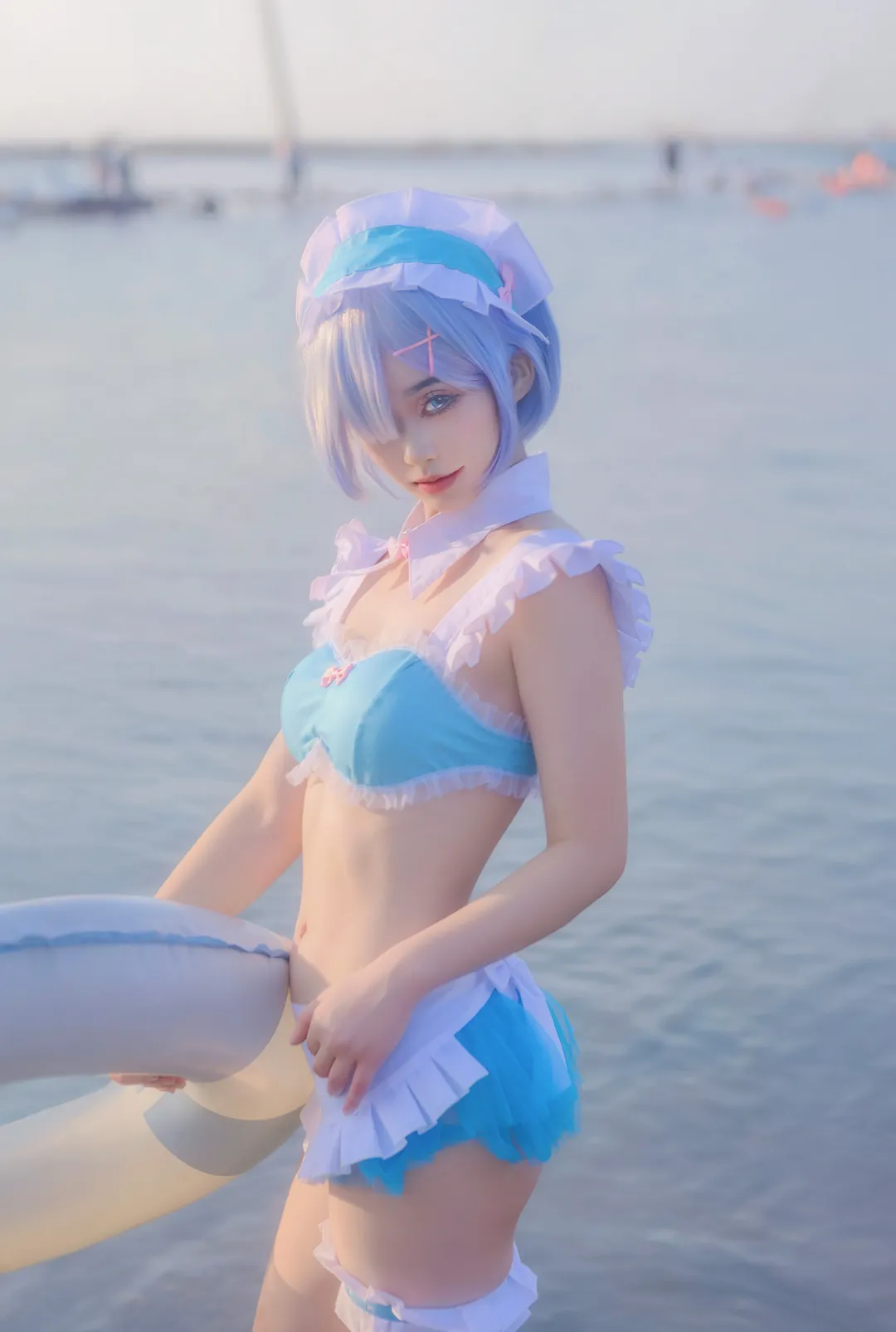 Anime-style photography, Rem cosplay, Seaside photoshoot, Blue and white outfit, Swimsuit outdoor photography - Image 10