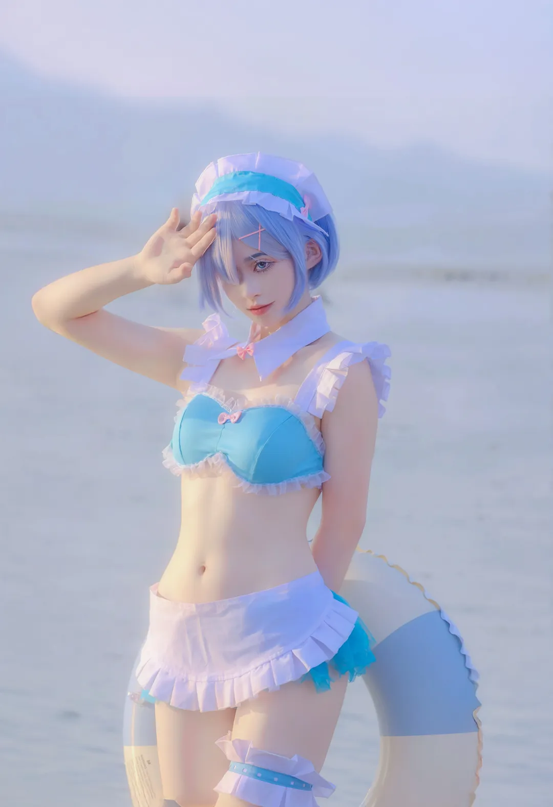 Anime-style photography, Rem cosplay, Seaside photoshoot, Blue and white outfit, Swimsuit outdoor photography - Image 2