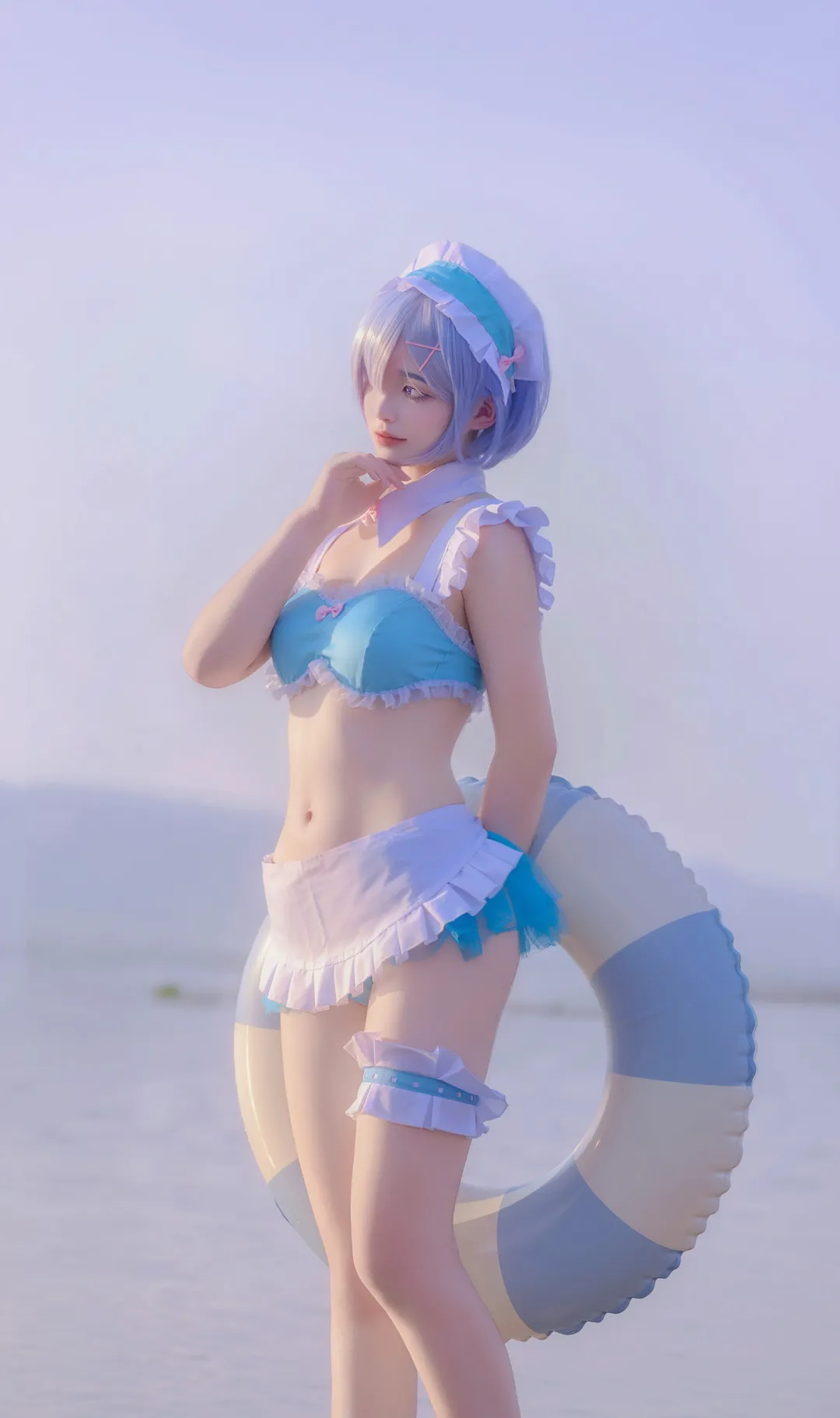 Anime-style photography, Rem cosplay, Seaside photoshoot, Blue and white outfit, Swimsuit outdoor photography - Image 3