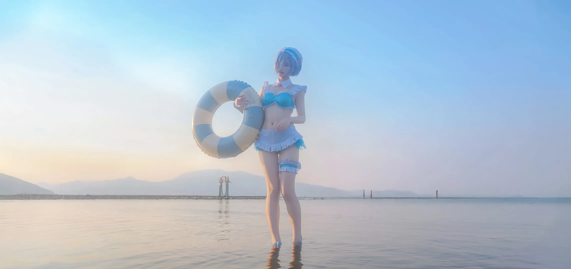 Anime-style photography, Rem cosplay, Seaside photoshoot, Blue and white outfit, Swimsuit outdoor photography - Image 5