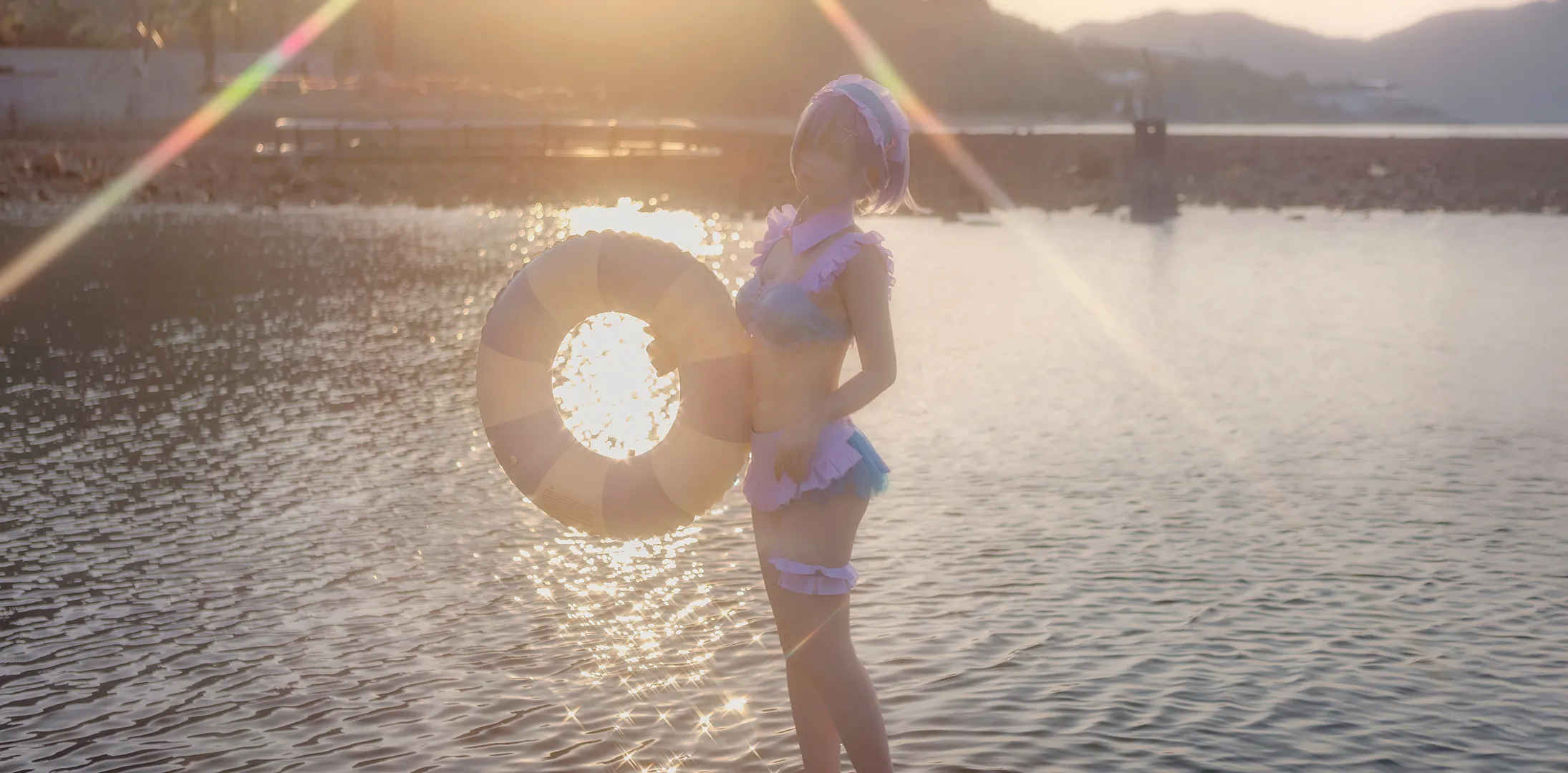 Anime-style photography, Rem cosplay, Seaside photoshoot, Blue and white outfit, Swimsuit outdoor photography - Image 6