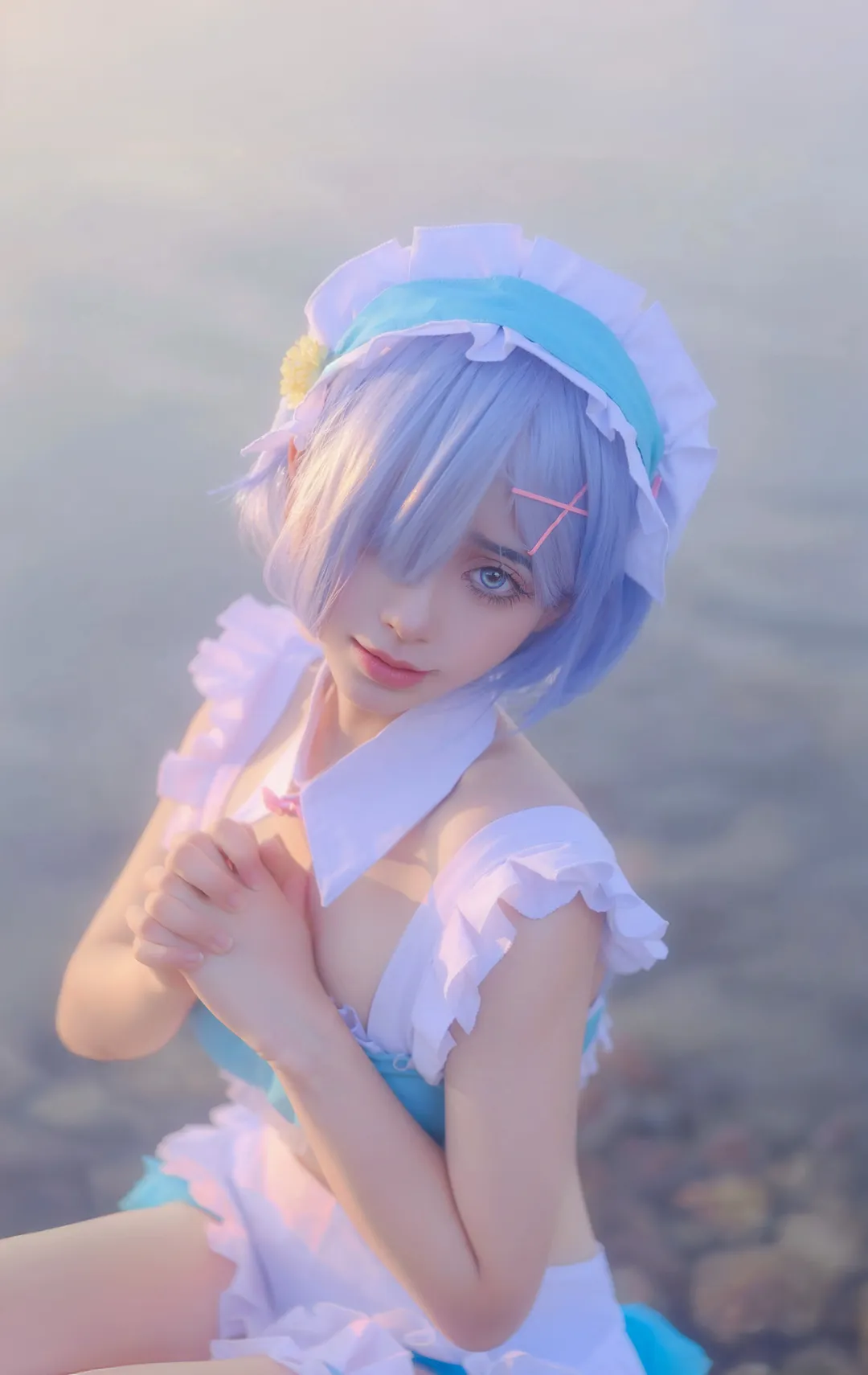 Anime-style photography, Rem cosplay, Seaside photoshoot, Blue and white outfit, Swimsuit outdoor photography - Image 7